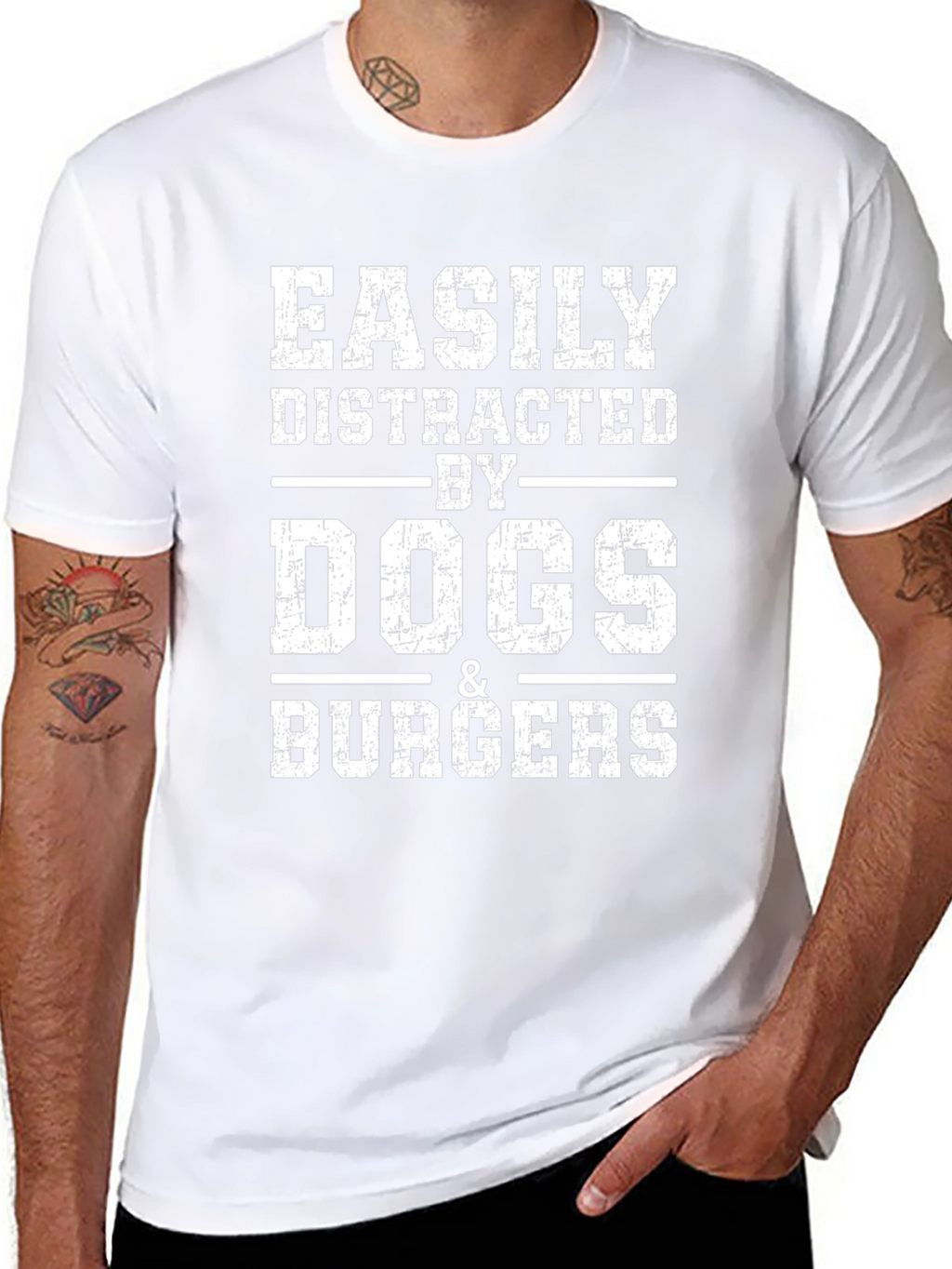 Easily Distracted by Dogs & Burgers T-Shirt – Funny Graphic Tee