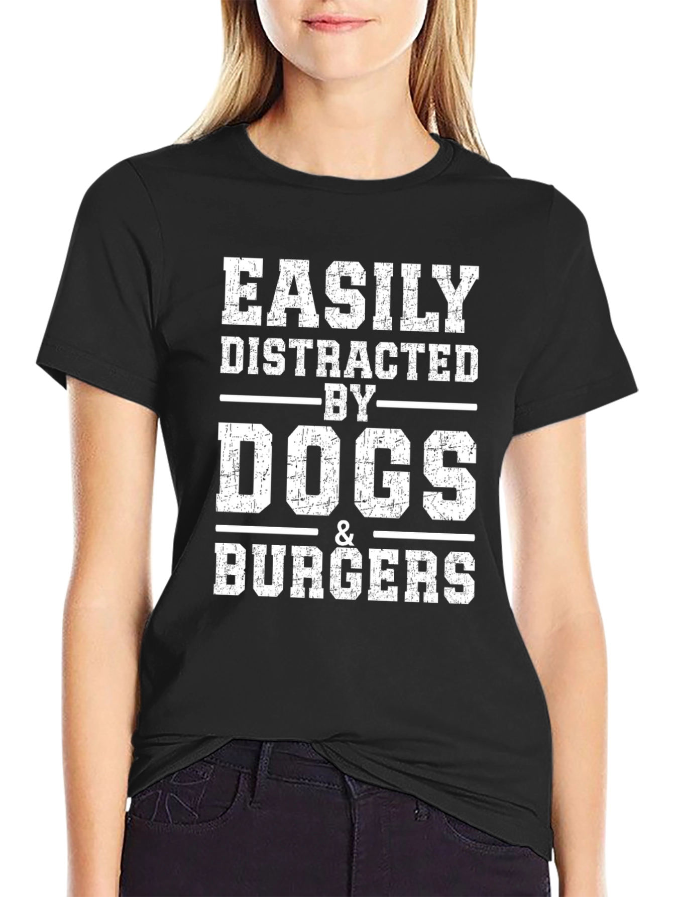 Easily Distracted by Dogs & Burgers T-Shirt – Funny Graphic Tee