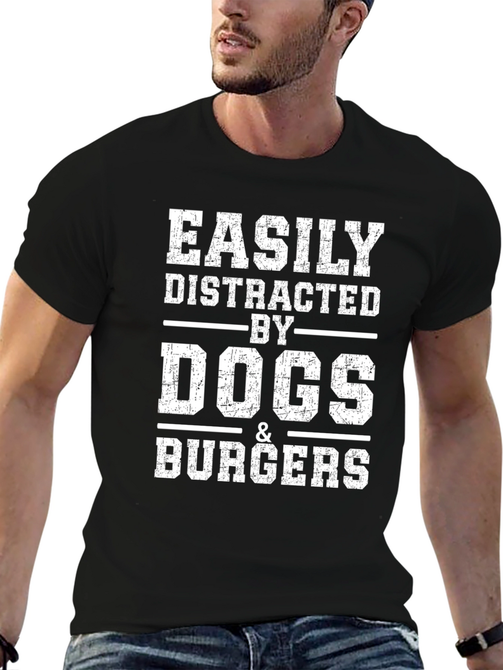 Easily Distracted by Dogs & Burgers T-Shirt – Funny Graphic Tee