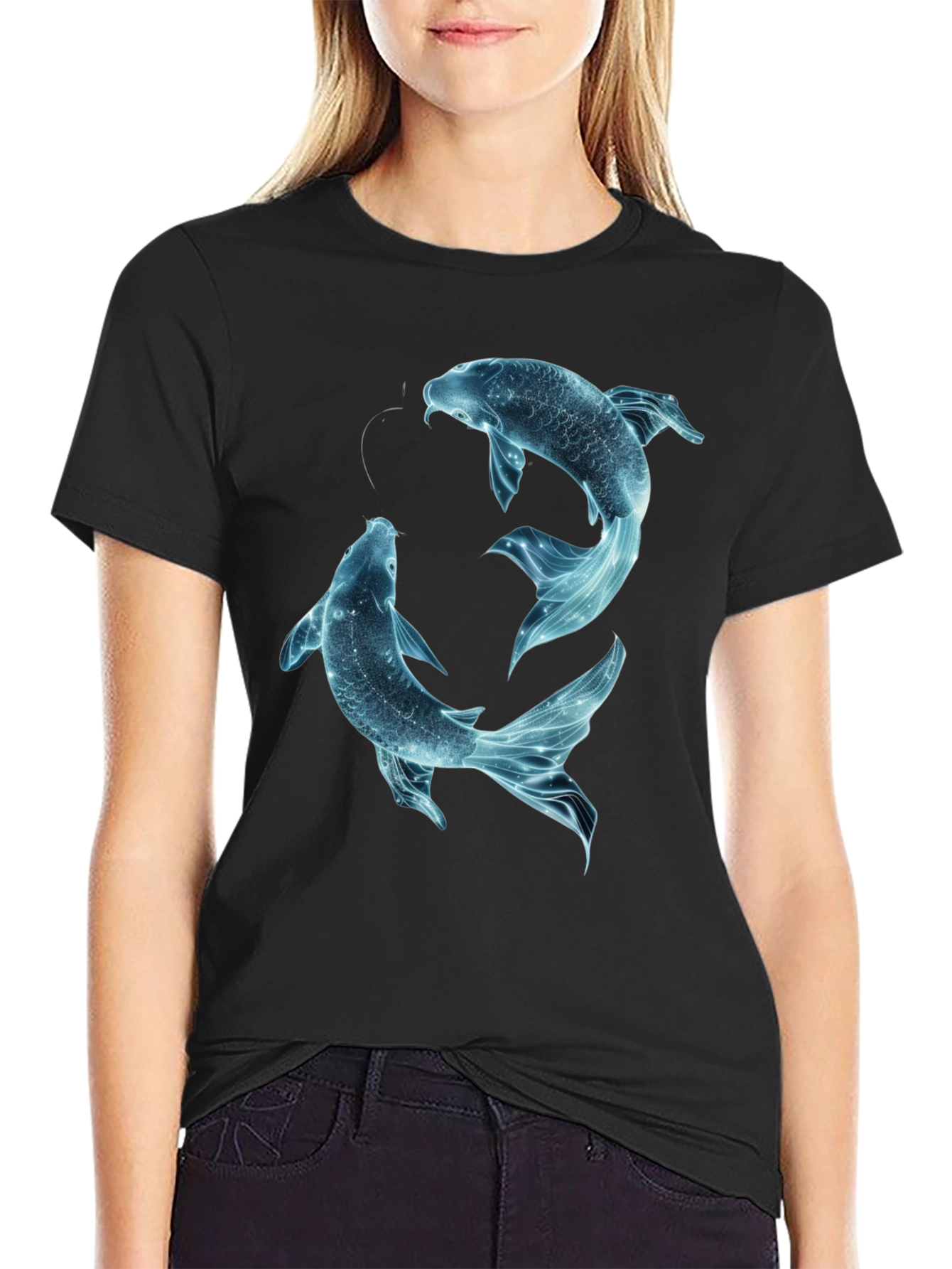 Koi Fish Graphic Tee - Black Cotton Casual Shirt