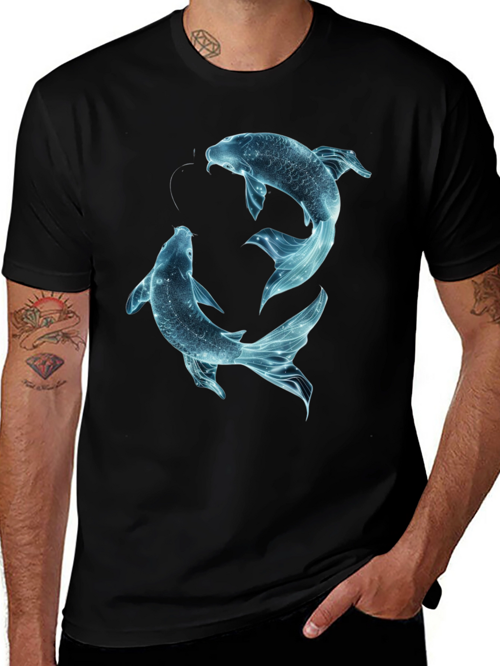 Koi Fish Graphic Tee - Black Cotton Casual Shirt