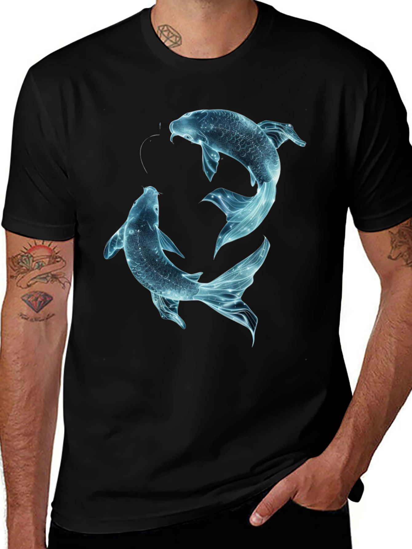 Koi Fish Graphic Tee - Black Cotton Casual Shirt