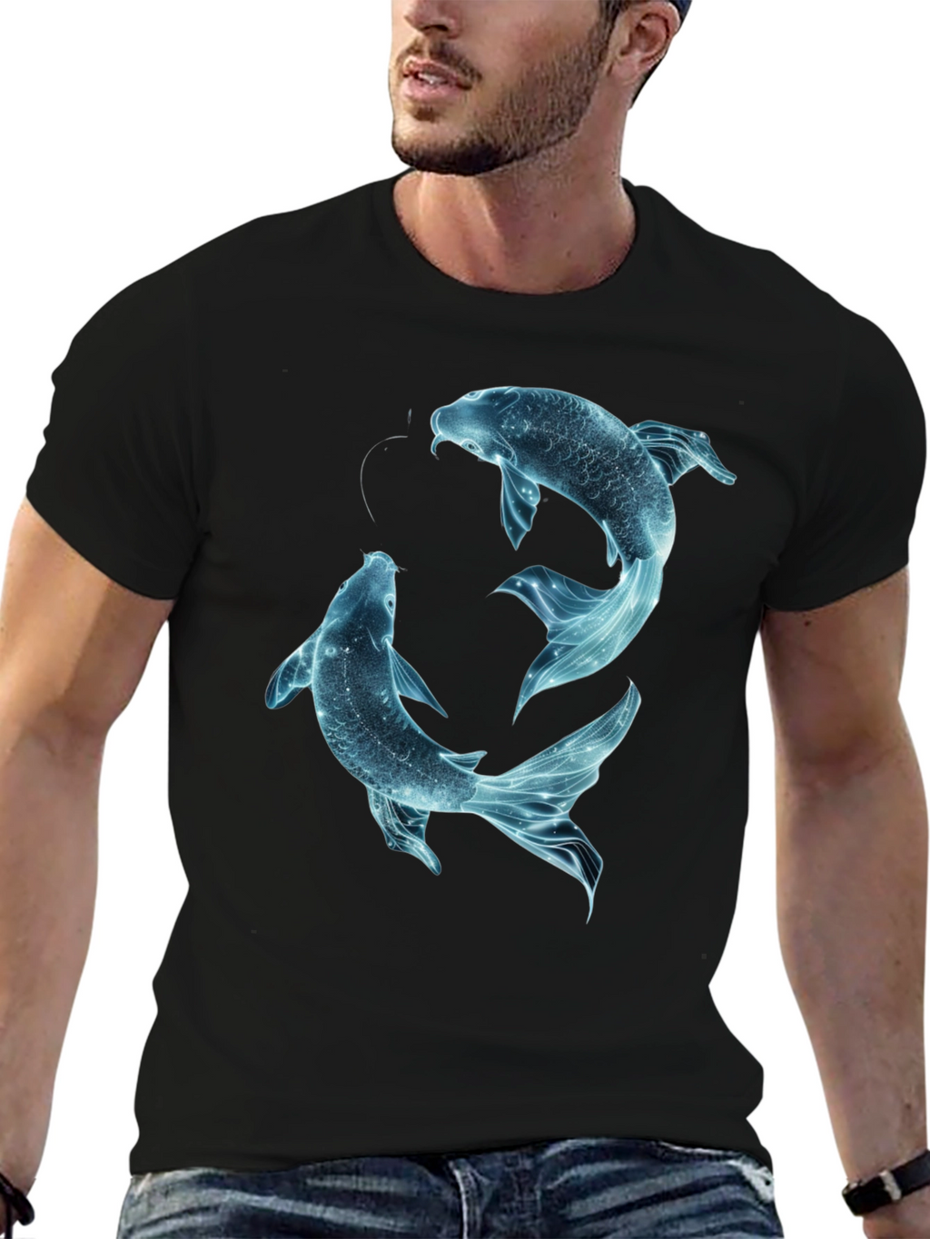 Koi Fish Graphic Tee - Black Cotton Casual Shirt