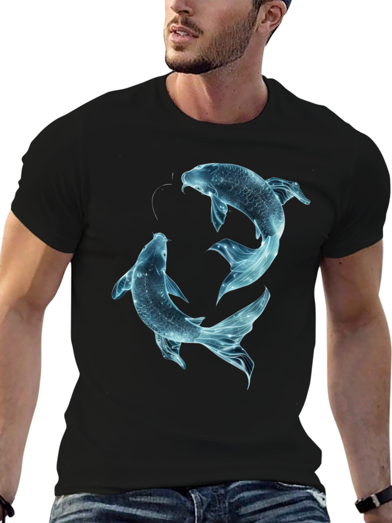 Koi Fish Graphic Tee - Black Cotton Casual Shirt