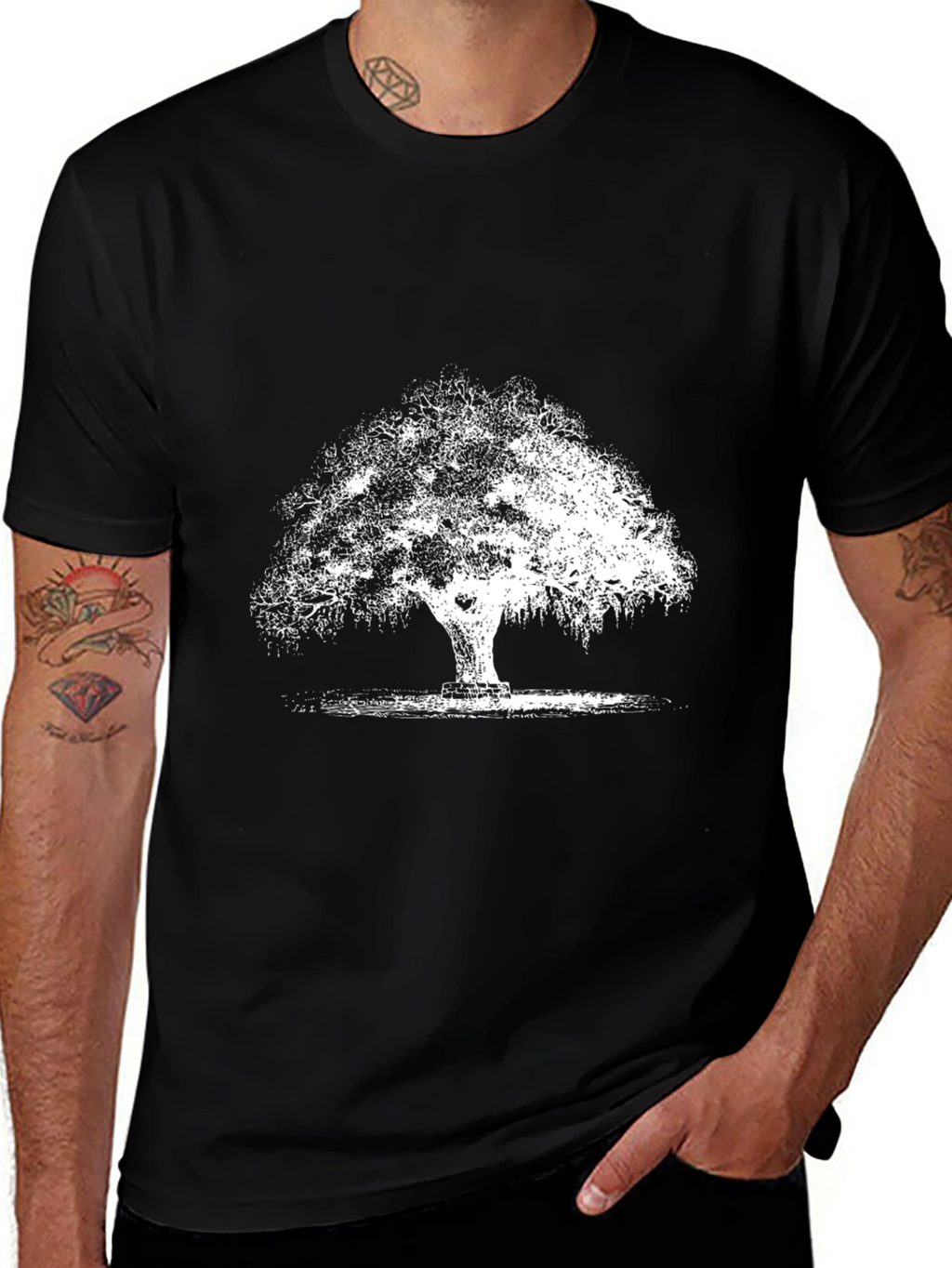Black T-Shirt with White Tree Graphic