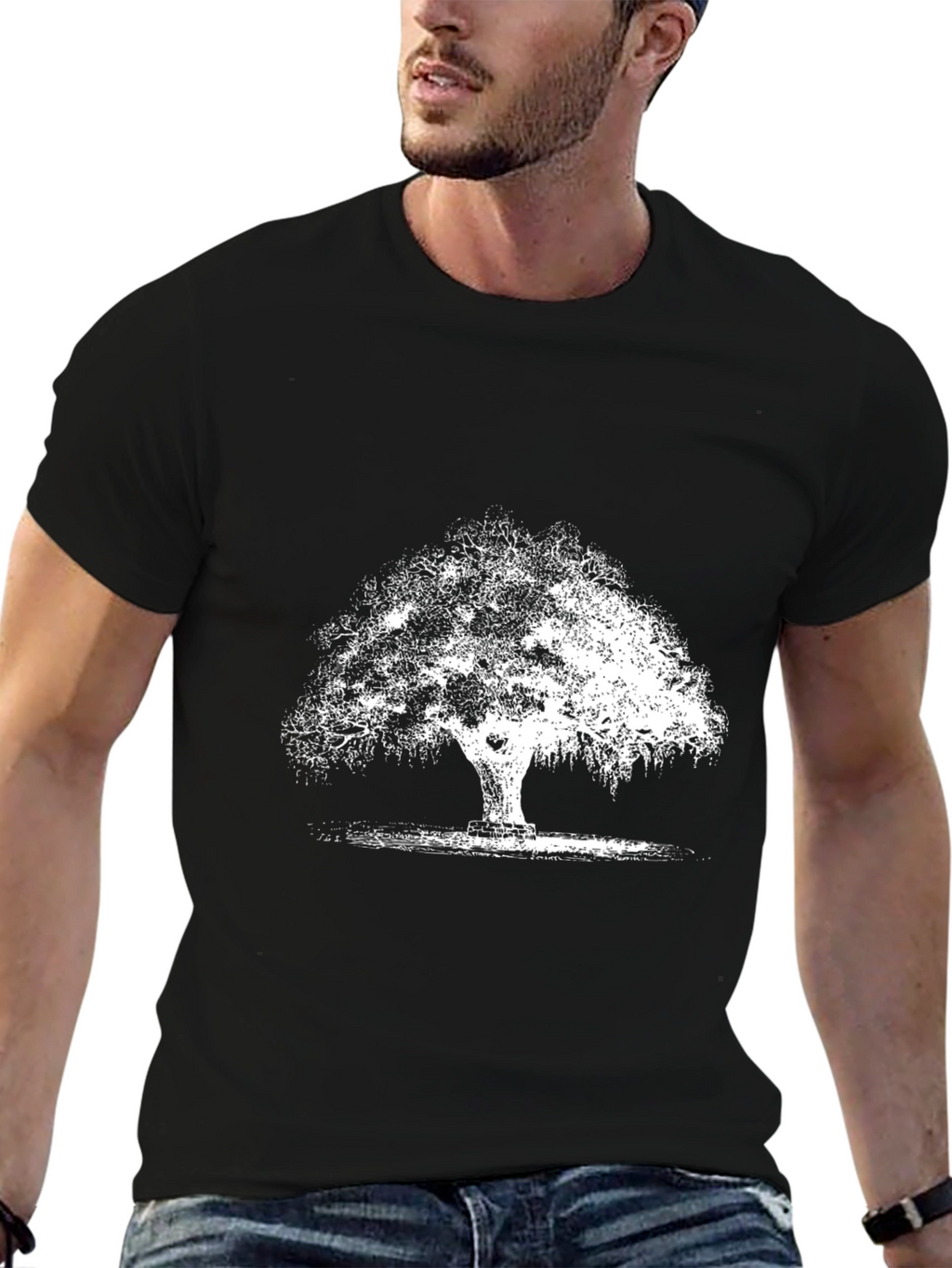 Black T-Shirt with White Tree Graphic