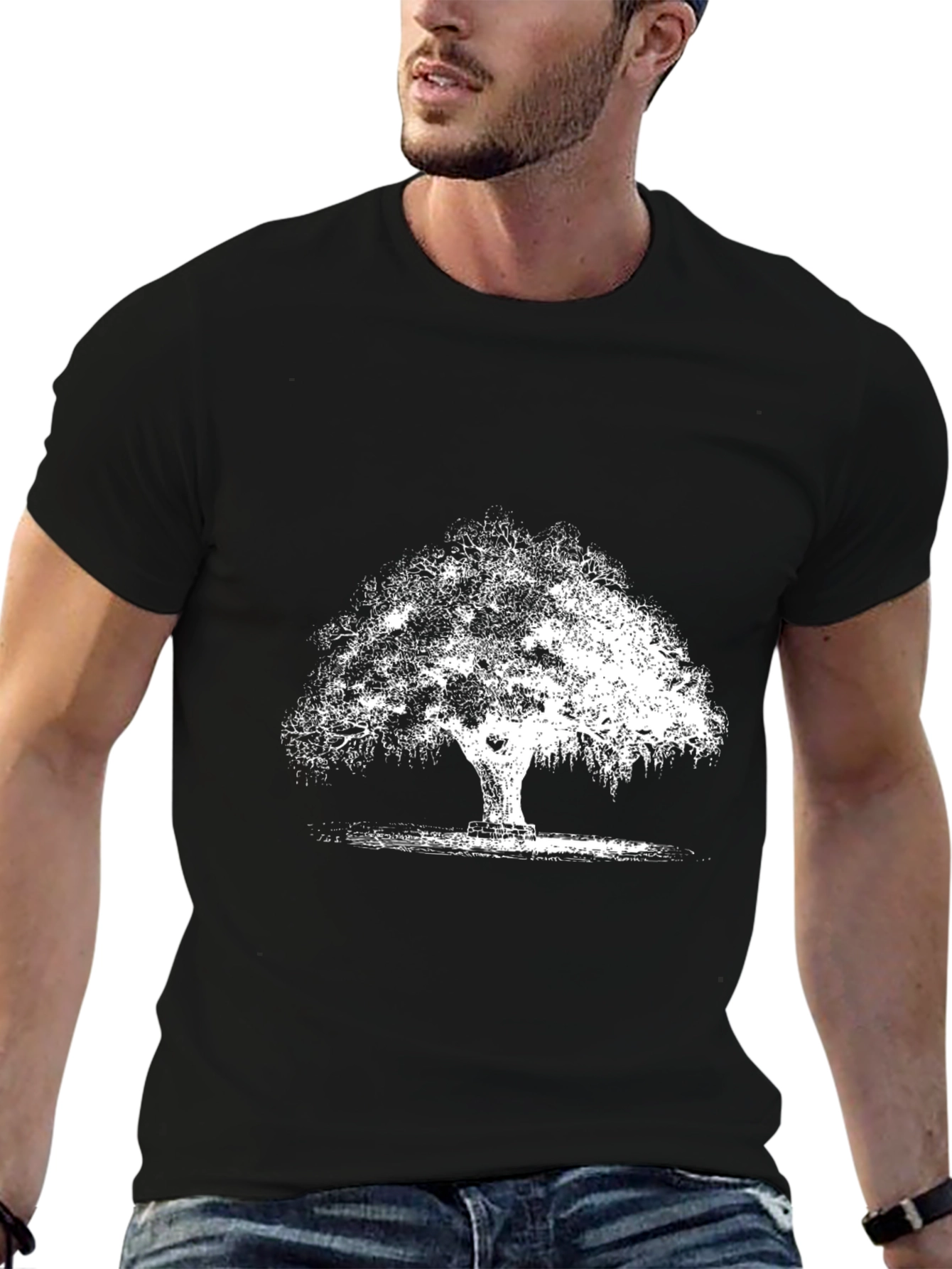 Black T-Shirt with White Tree Graphic
