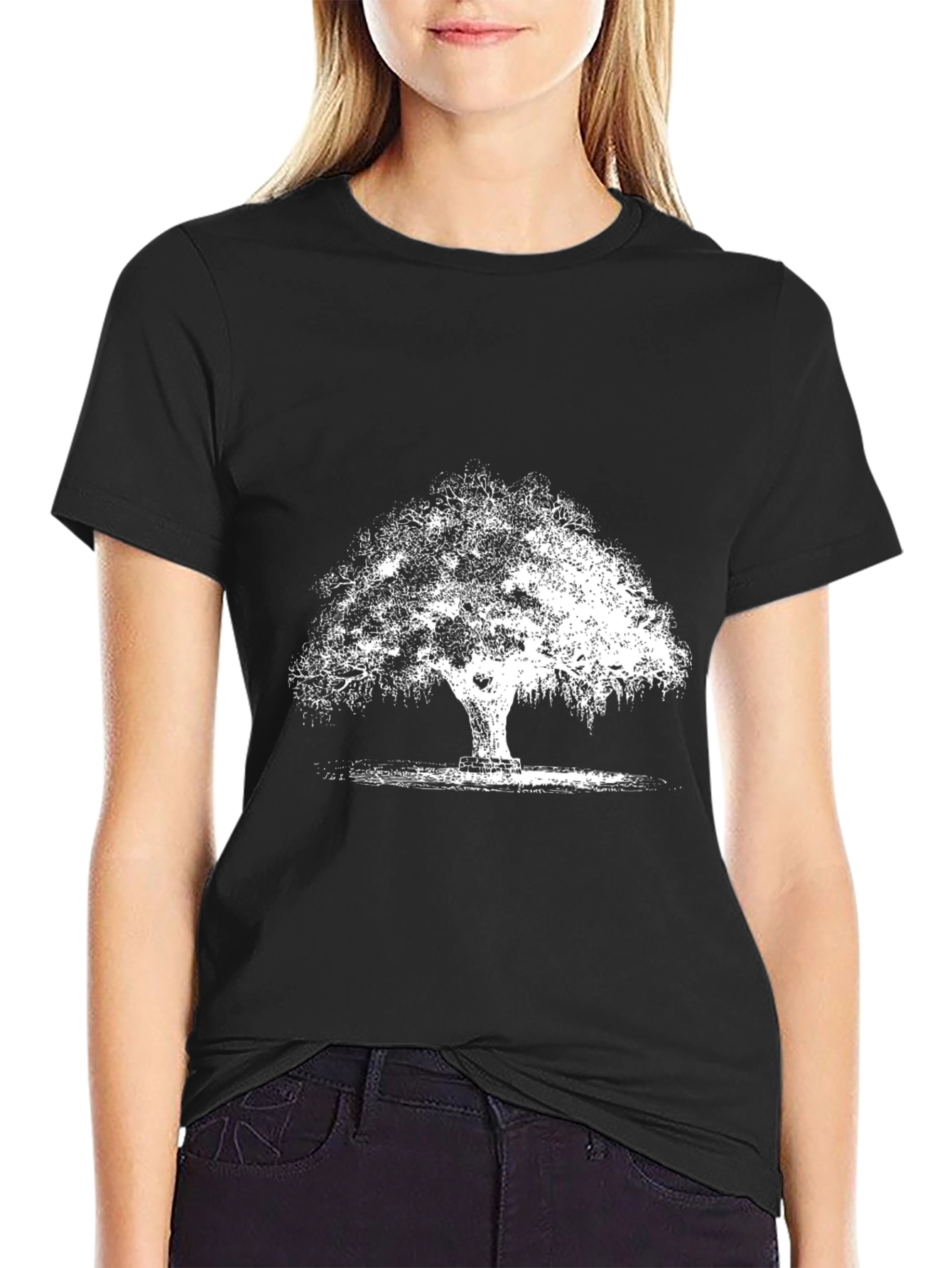 Black T-Shirt with White Tree Graphic