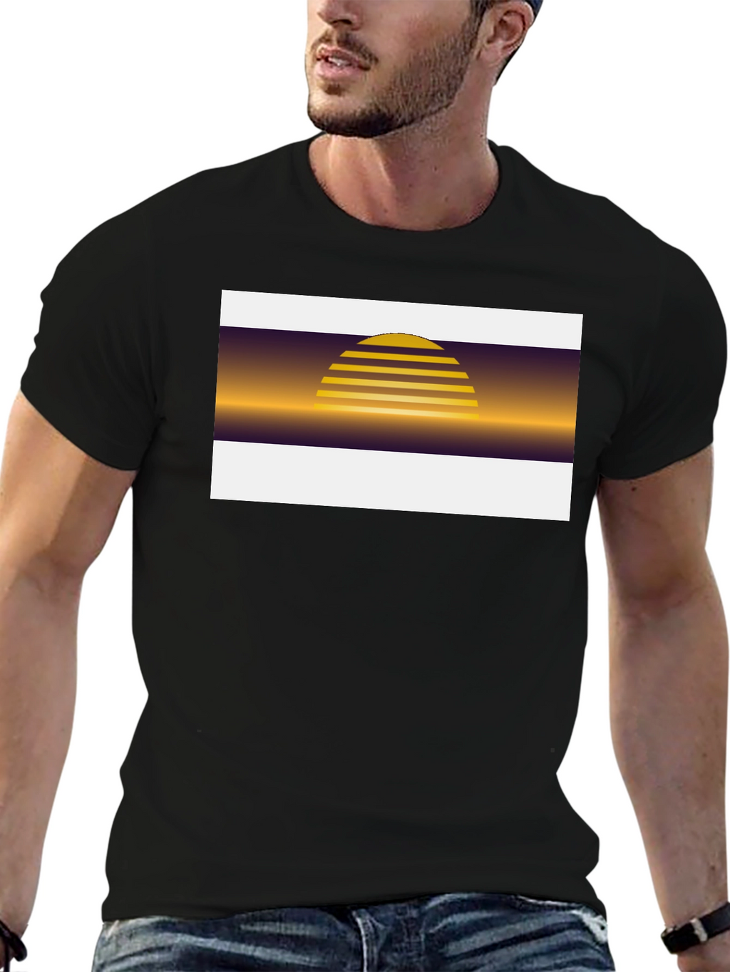 Retro Sunset Graphic Tee - Black Cotton Blend