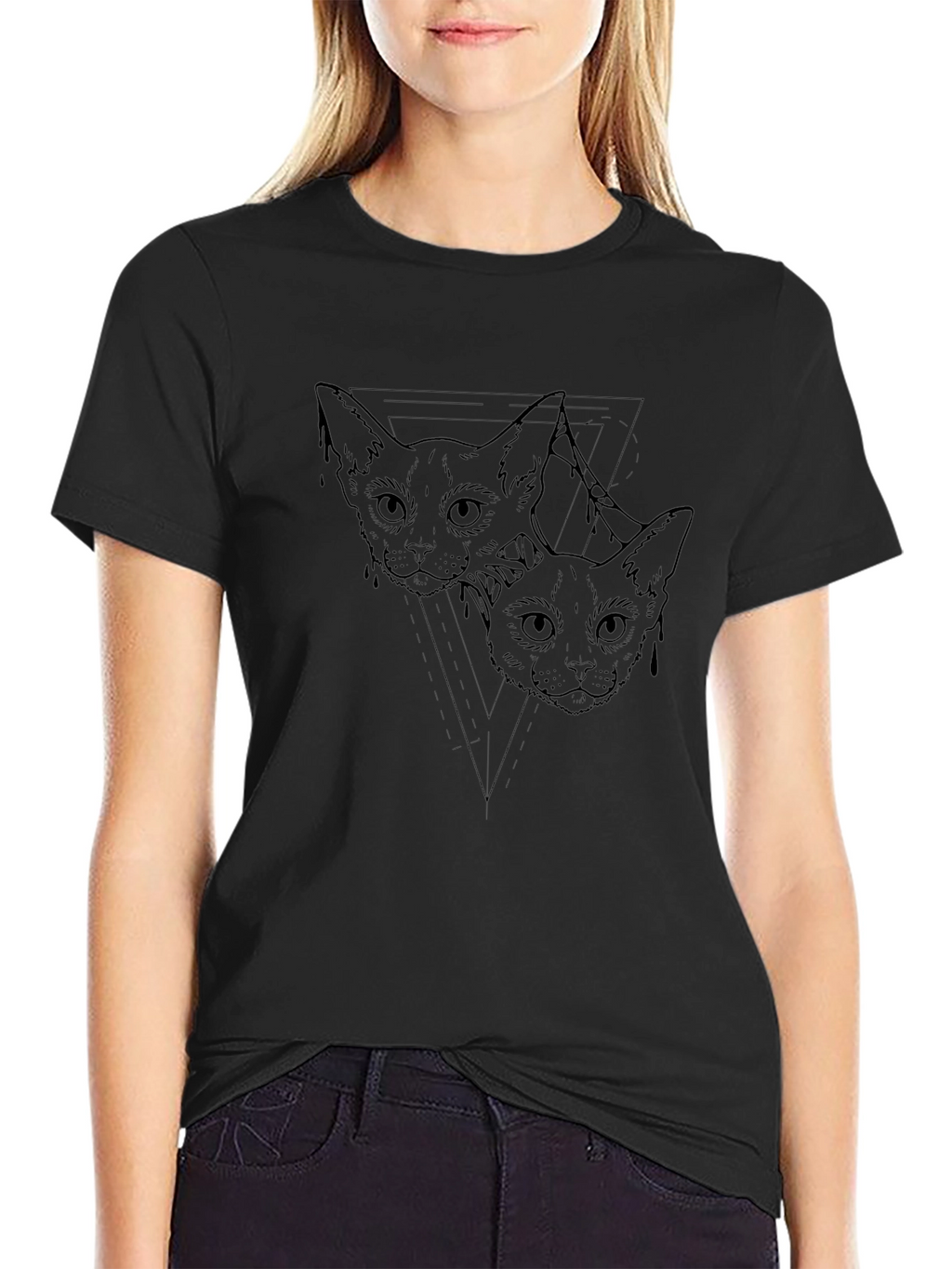 Mens Black Cat Graphic Tee - Artistic Design