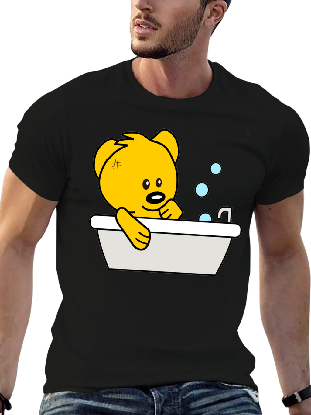 Cute Teddy Bear Bathing T-Shirt - Black