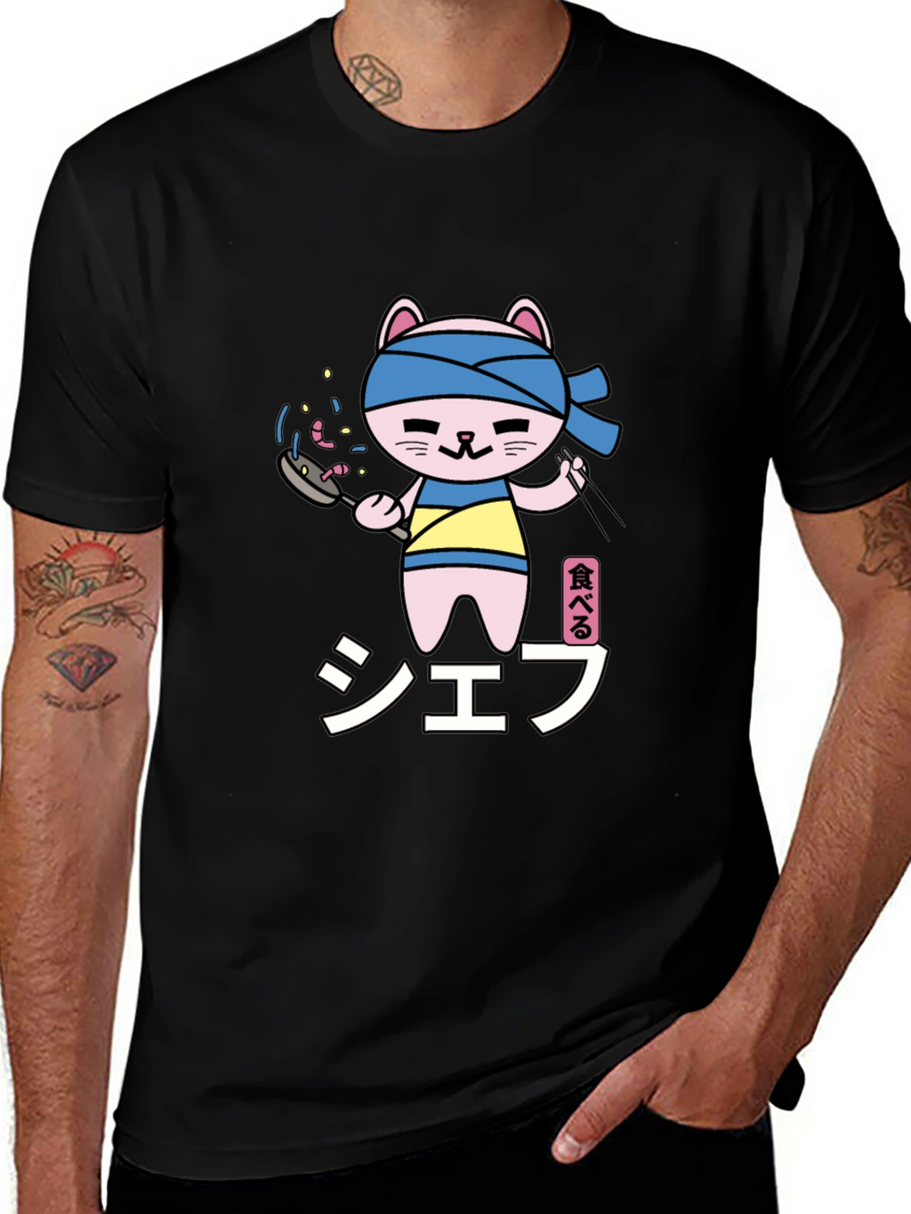 Chef Cat T-Shirt - Black Cartoon Graphic Tee