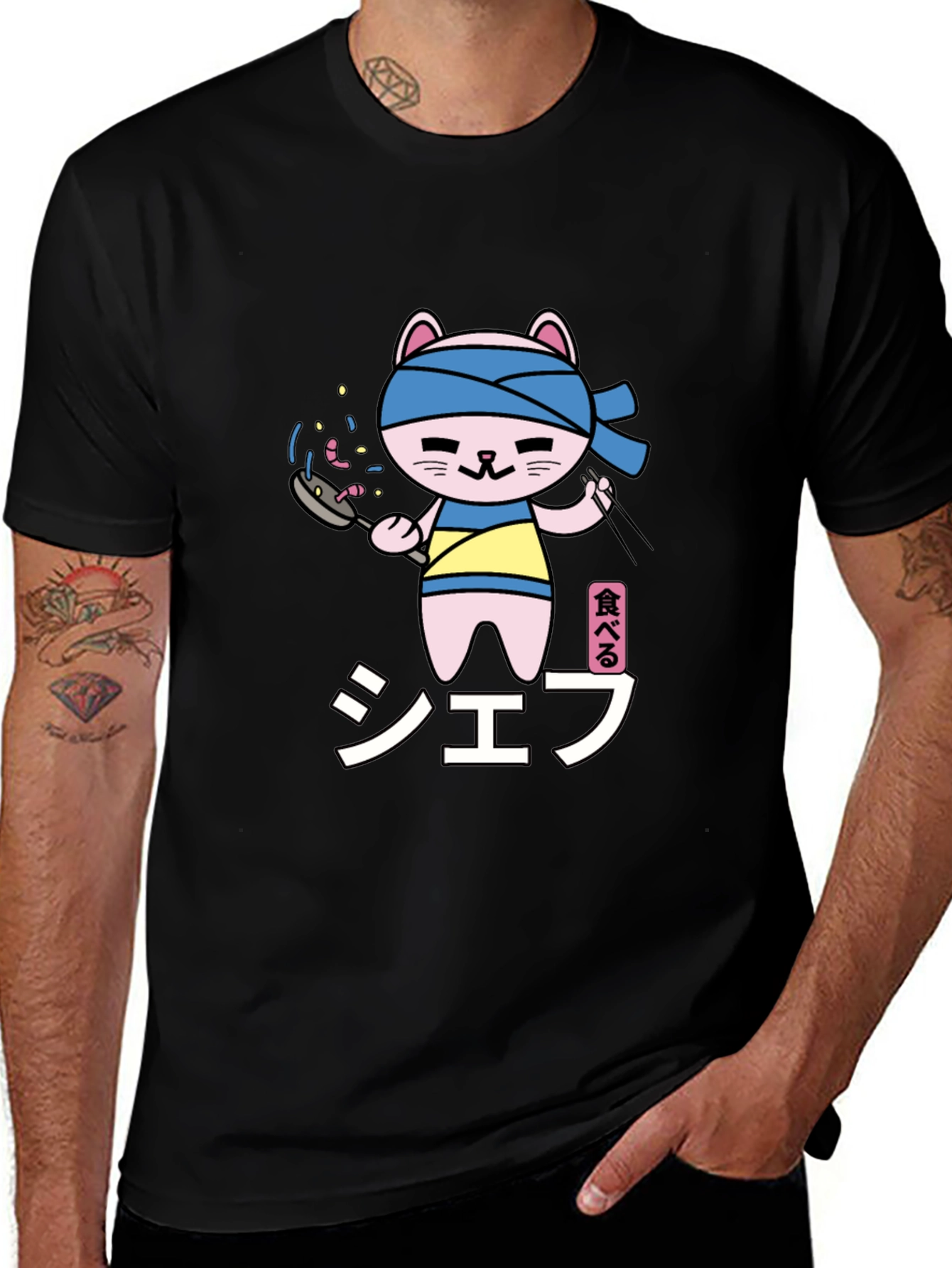 Chef Cat T-Shirt - Black Cartoon Graphic Tee