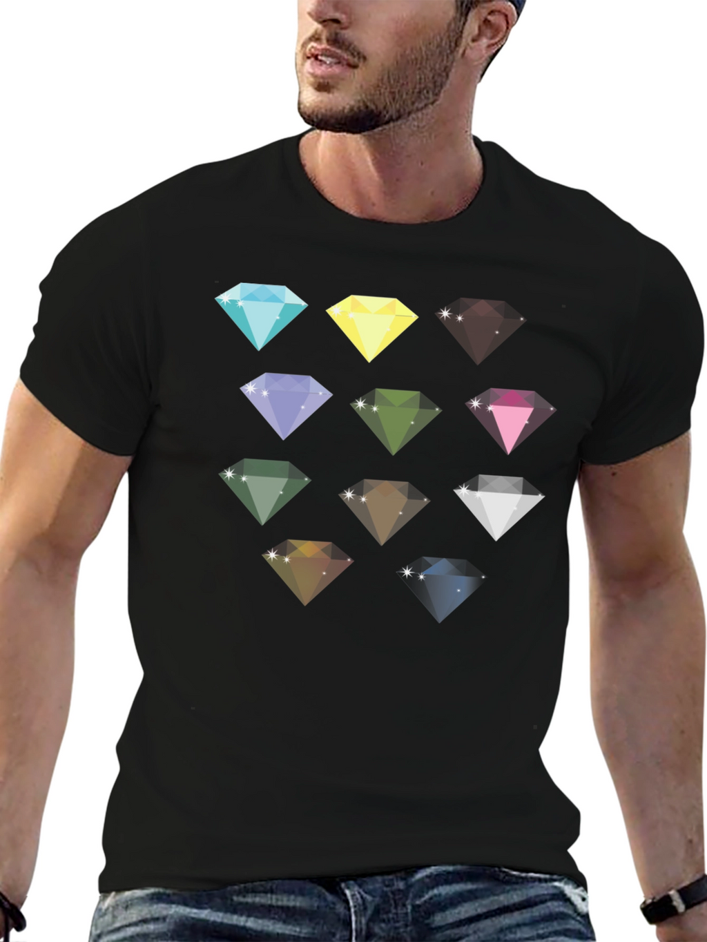 Diamond Gemstone Pattern Black T-Shirt