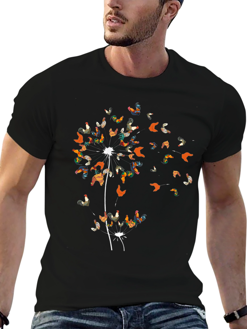 Rooster Dandelion Mens T-Shirt - Unique Graphic Tee