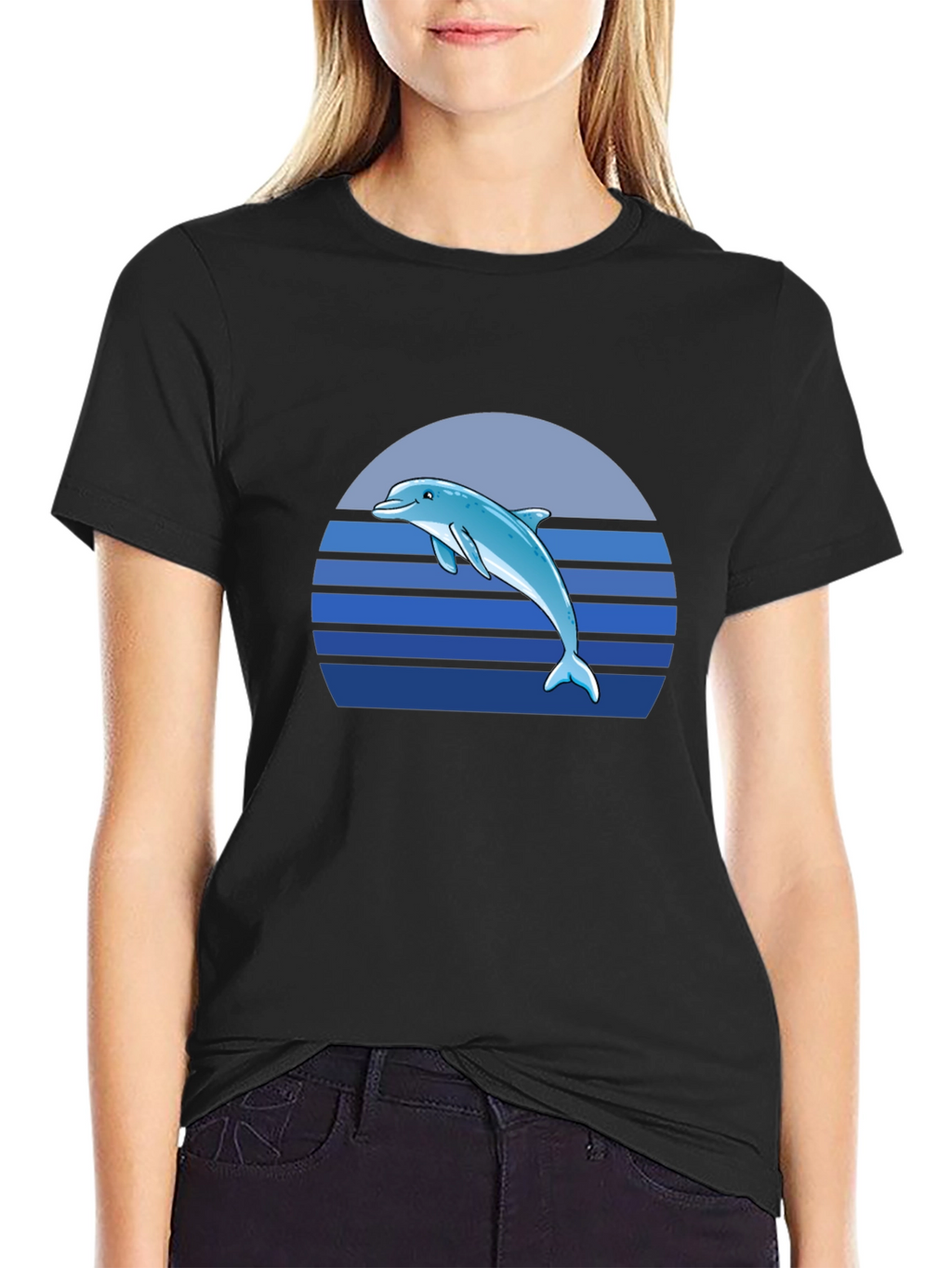 Dolphin Sunset Graphic Tee - Black Cotton T-Shirt