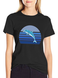 Dolphin Sunset Graphic Tee - Black Cotton T-Shirt
