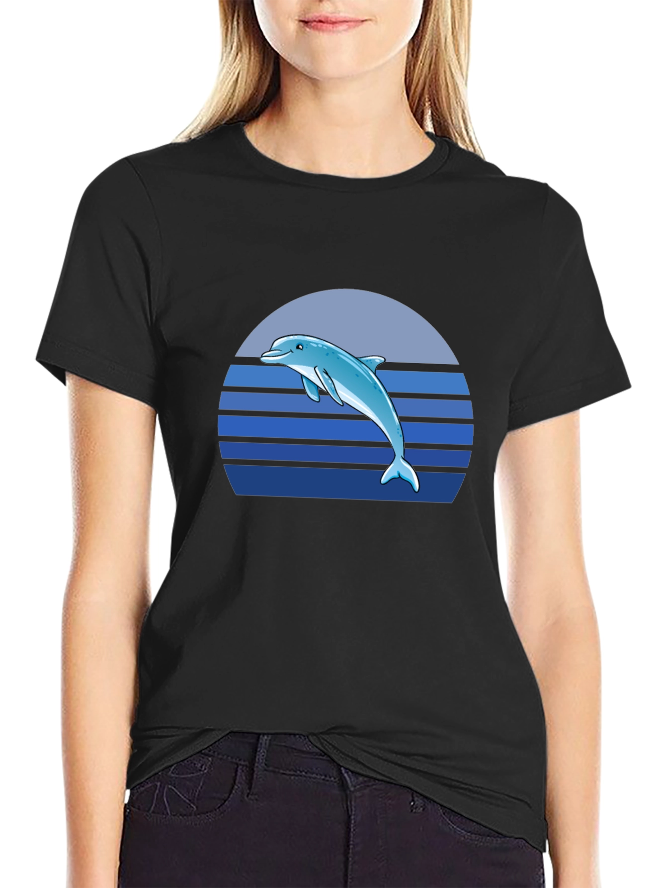 Dolphin Sunset Graphic Tee - Black Cotton T-Shirt