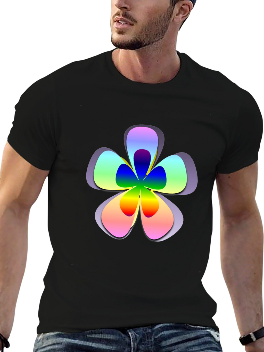 Rainbow Flower Graphic Print Black T-Shirt