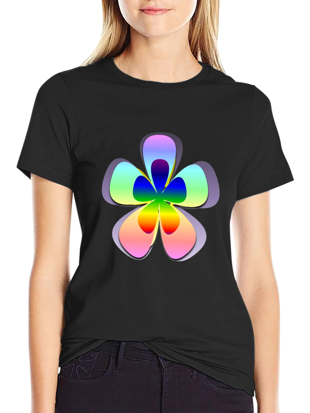 Rainbow Flower Graphic Print Black T-Shirt