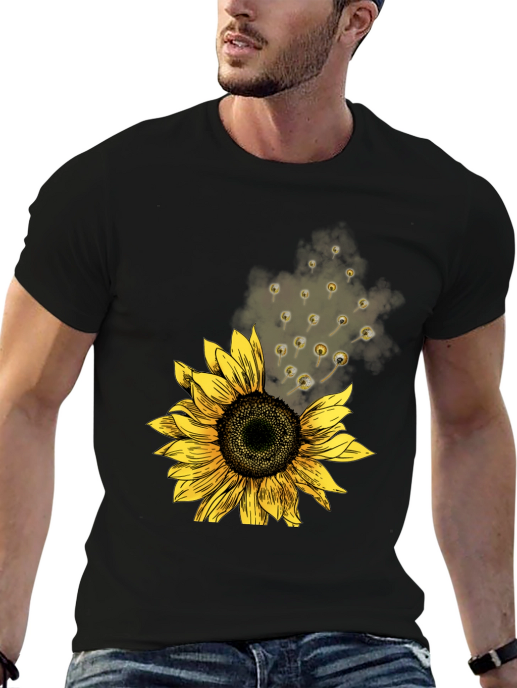 Sunflower Print Mens Black Tee