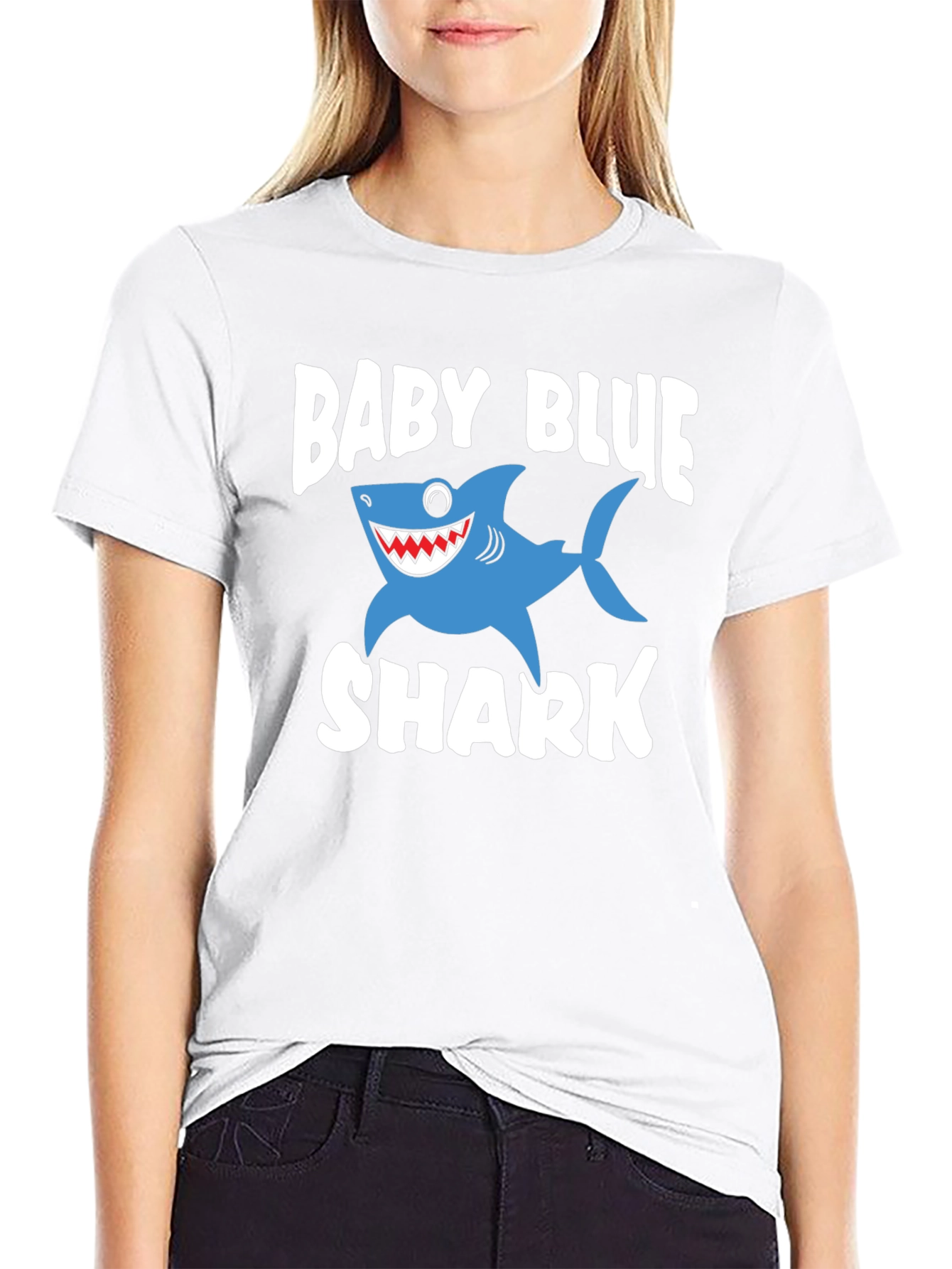 Baby Blue Shark Graphic Print Black T-Shirt