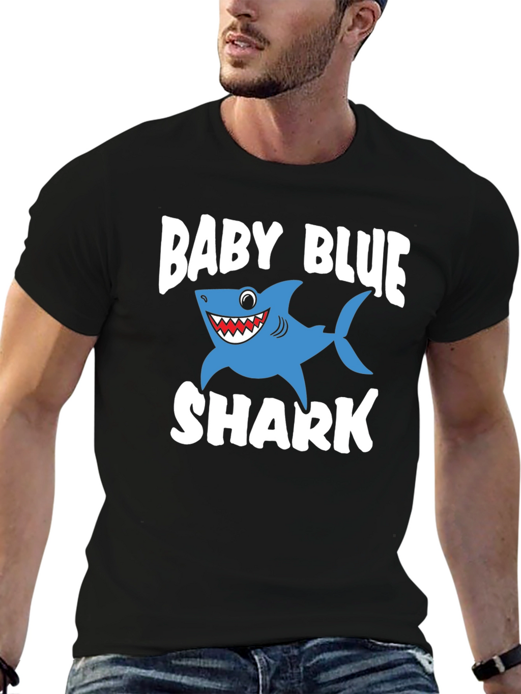 Baby Blue Shark Graphic Print Black T-Shirt
