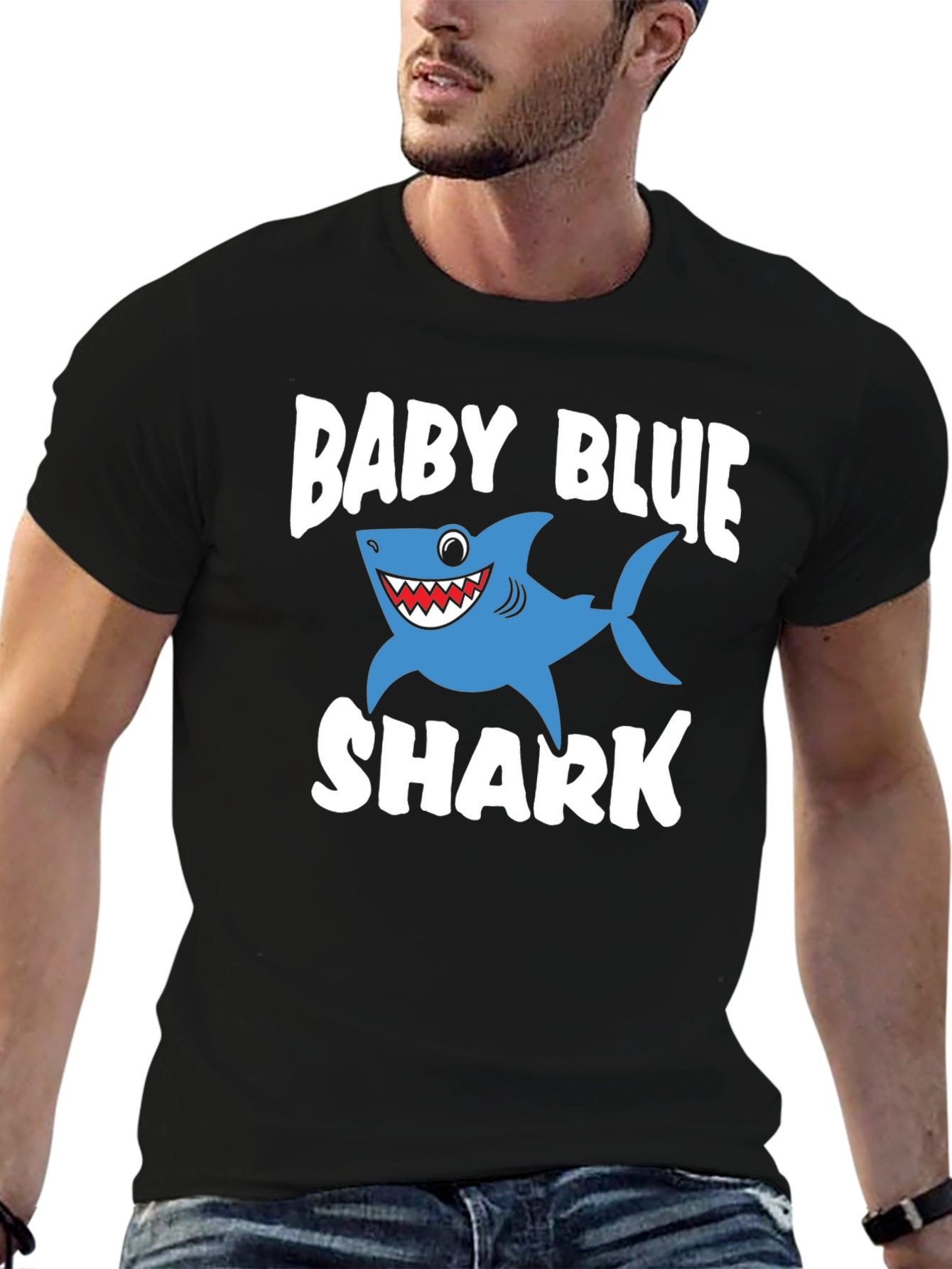 Baby Blue Shark Graphic Print Black T-Shirt