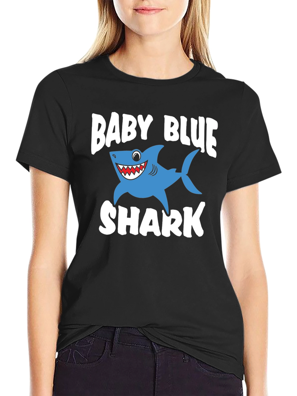 Baby Blue Shark Graphic Print Black T-Shirt