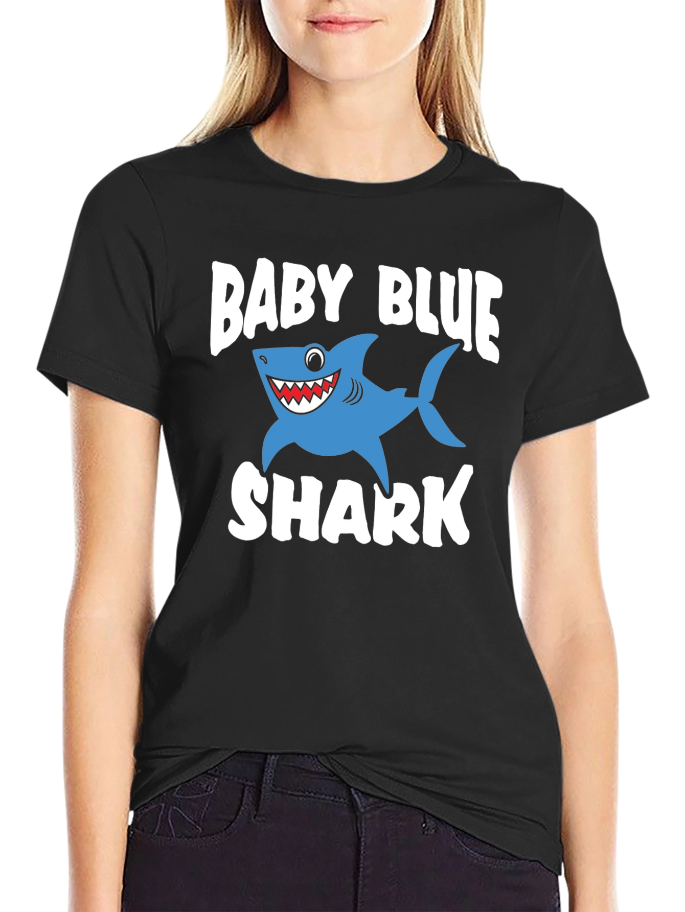 Baby Blue Shark Graphic Print Black T-Shirt