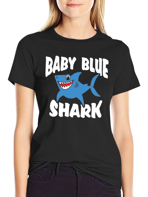 Baby Blue Shark Graphic Print Black T-Shirt
