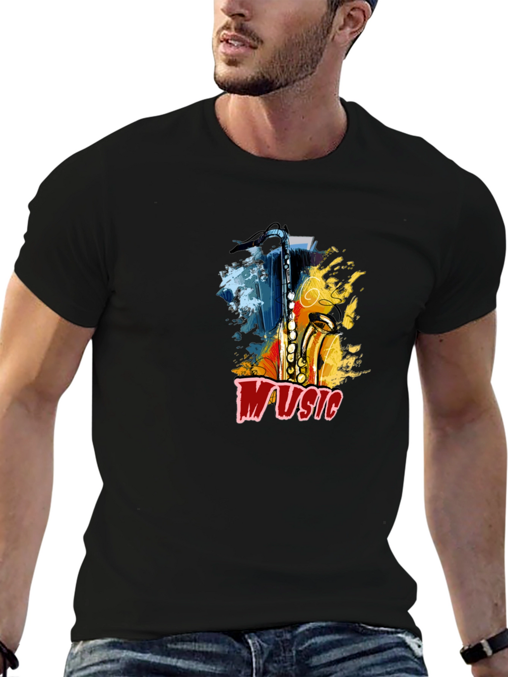 Saxophone Music Graphic Tee - Black Cotton T-Shirt