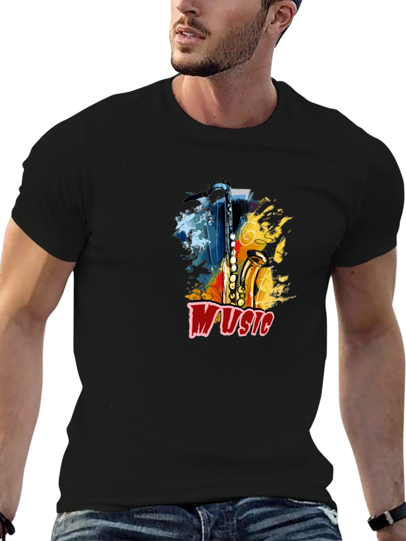 Saxophone Music Graphic Tee - Black Cotton T-Shirt