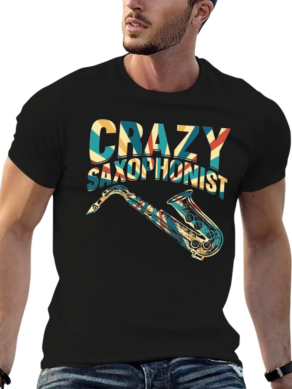 Crazy Saxophonist Graphic Tee - Retro Music Lover Shirt