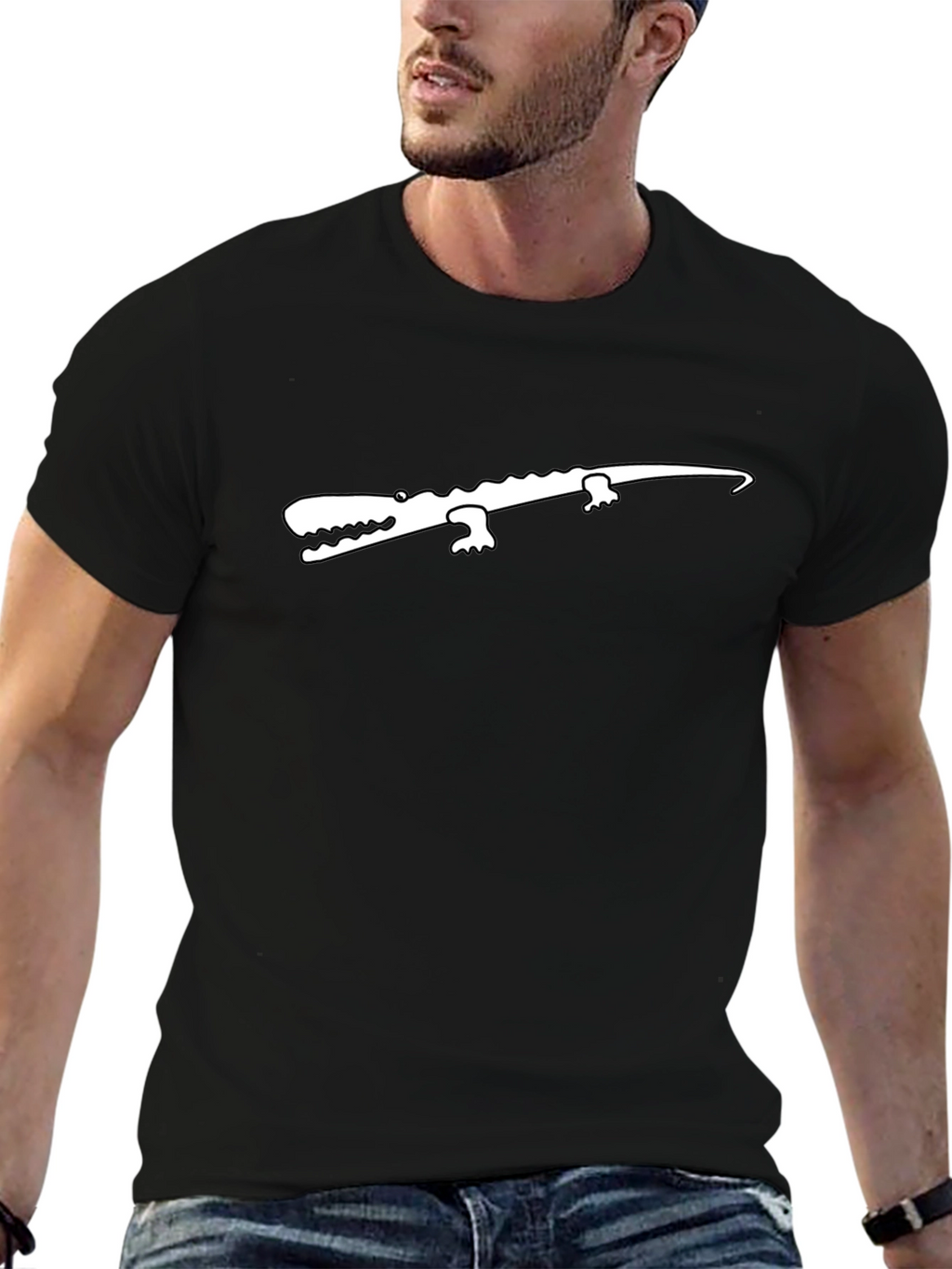 Black T-Shirt with White Crocodile Graphic