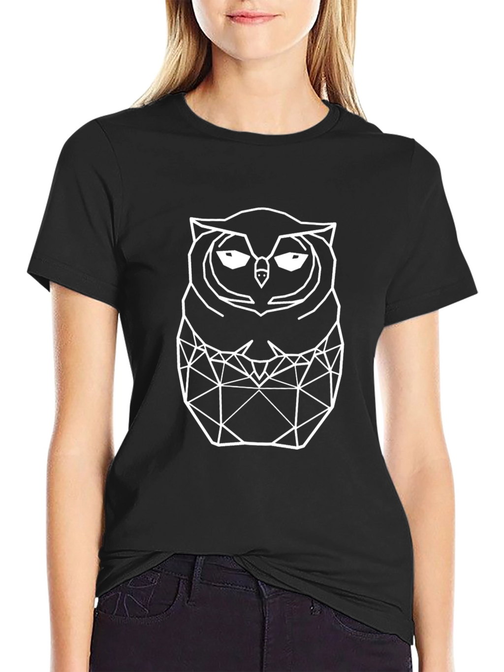 Geometric Owl Graphic Tee - Black Cotton T-Shirt