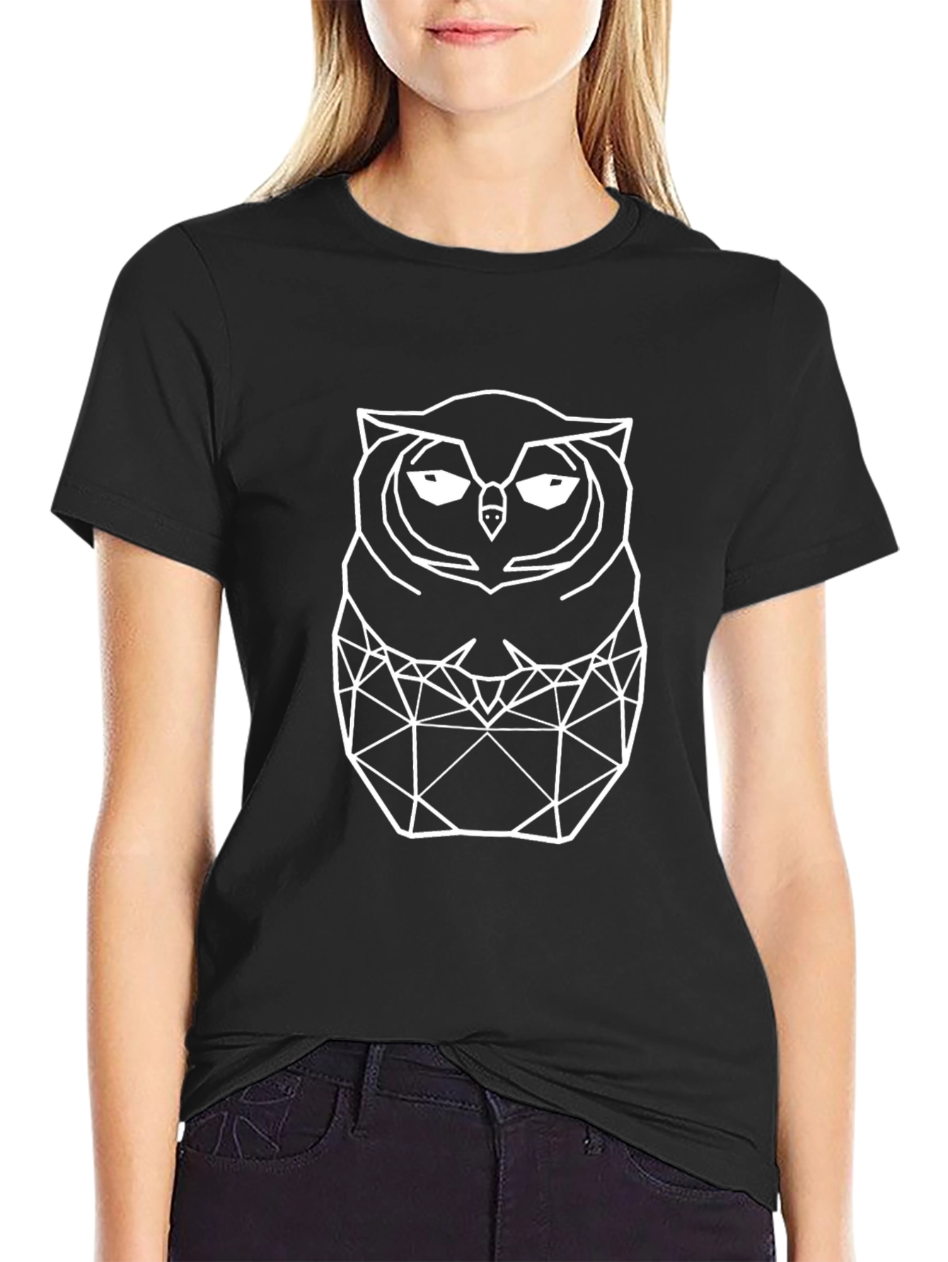 Geometric Owl Graphic Tee - Black Cotton T-Shirt