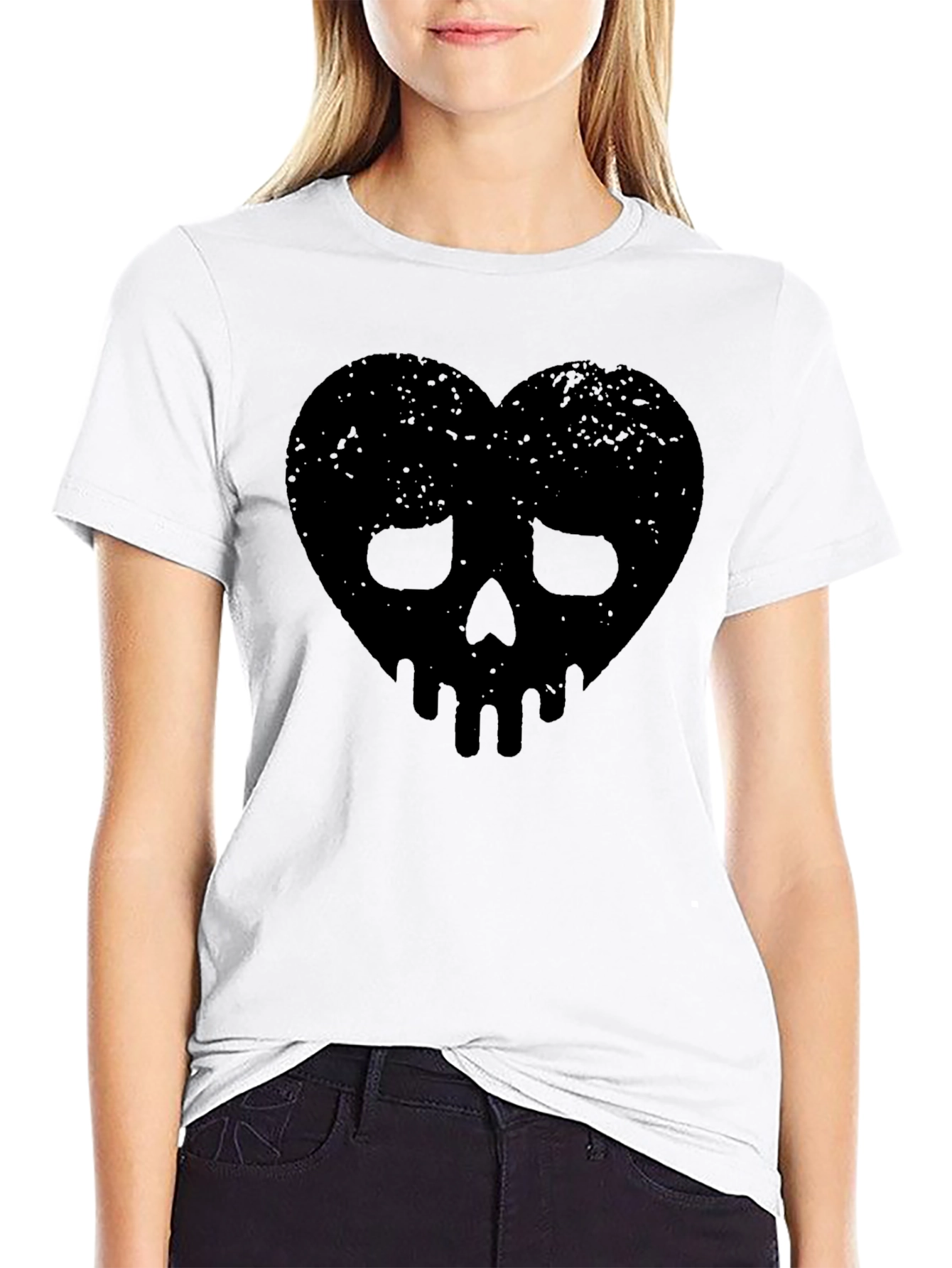 Edgy Heart Skull Graphic Tee - Black Cotton Blend