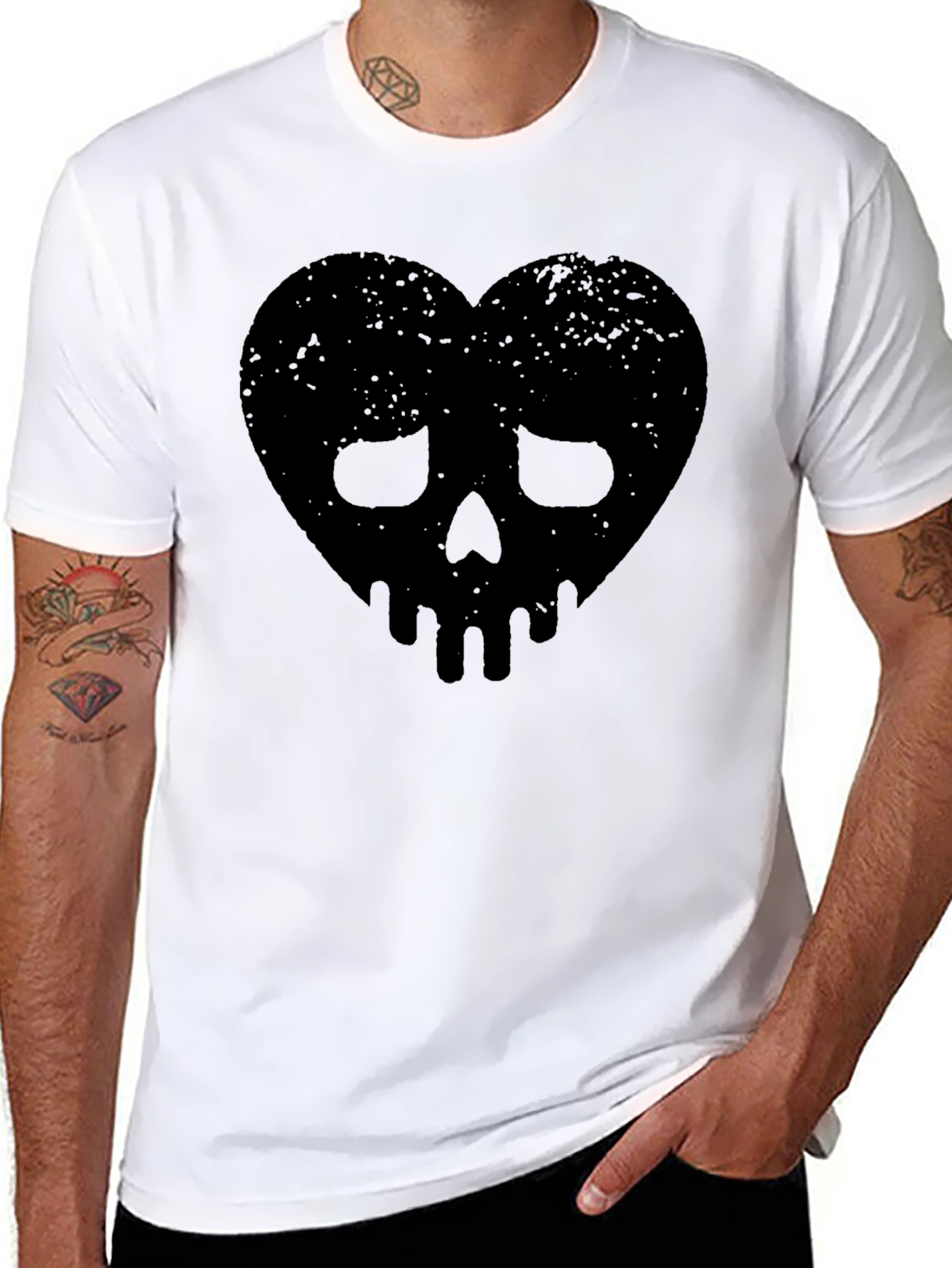 Edgy Heart Skull Graphic Tee - Black Cotton Blend