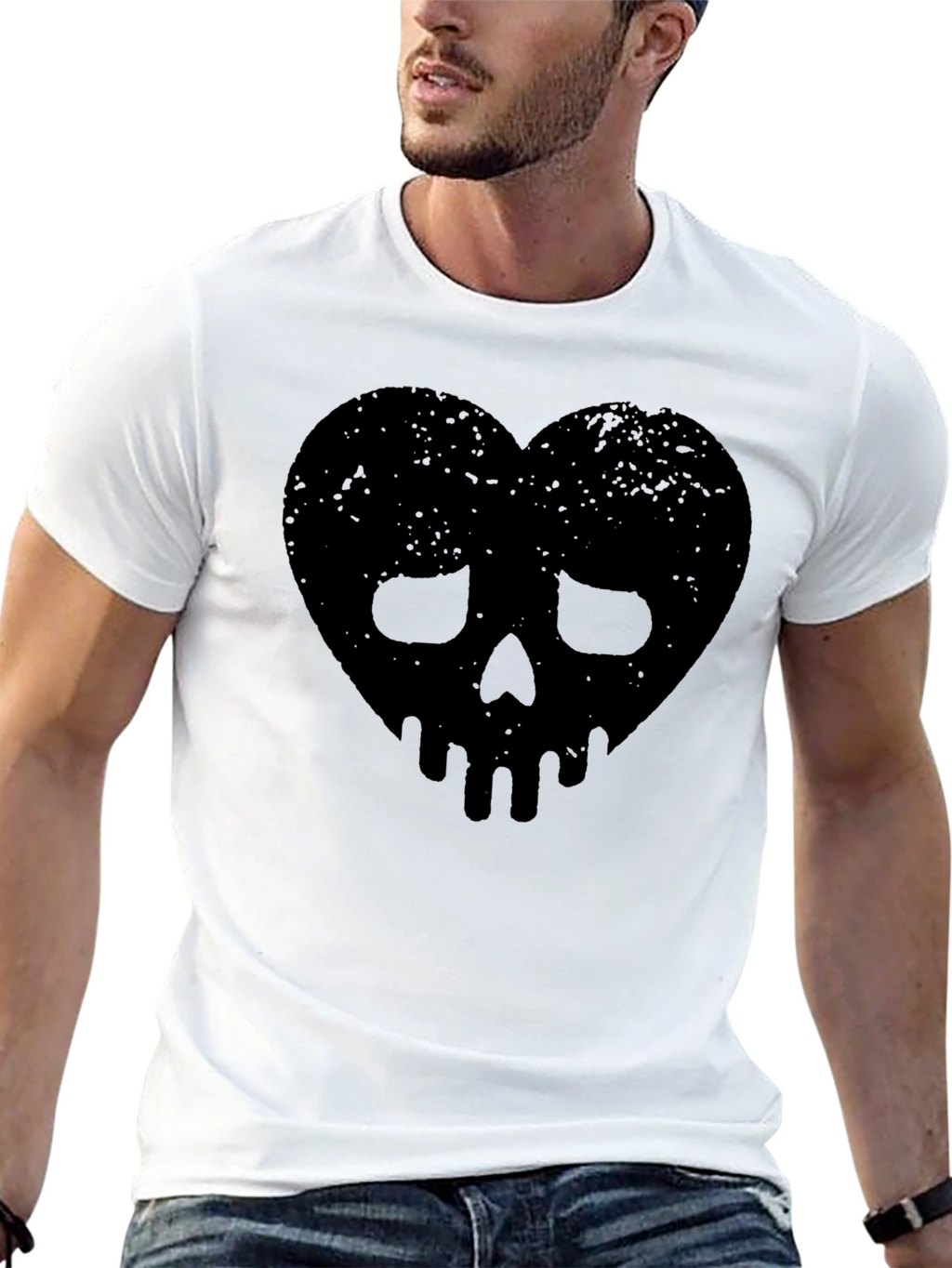 Edgy Heart Skull Graphic Tee - Black Cotton Blend