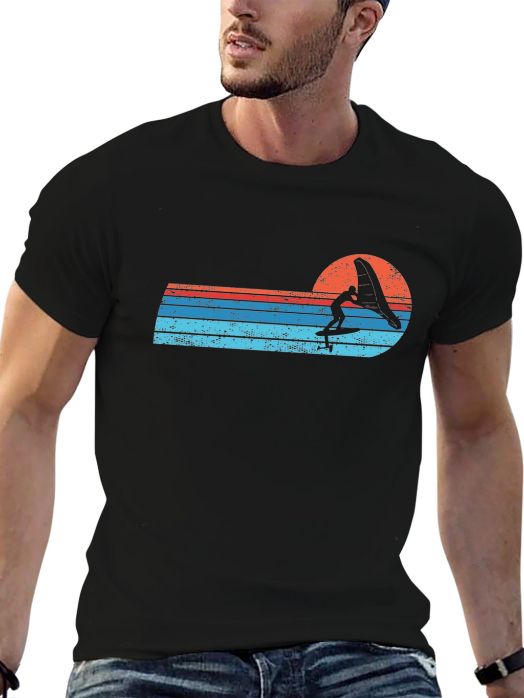 Retro Windsurfer Sunset Black T-Shirt