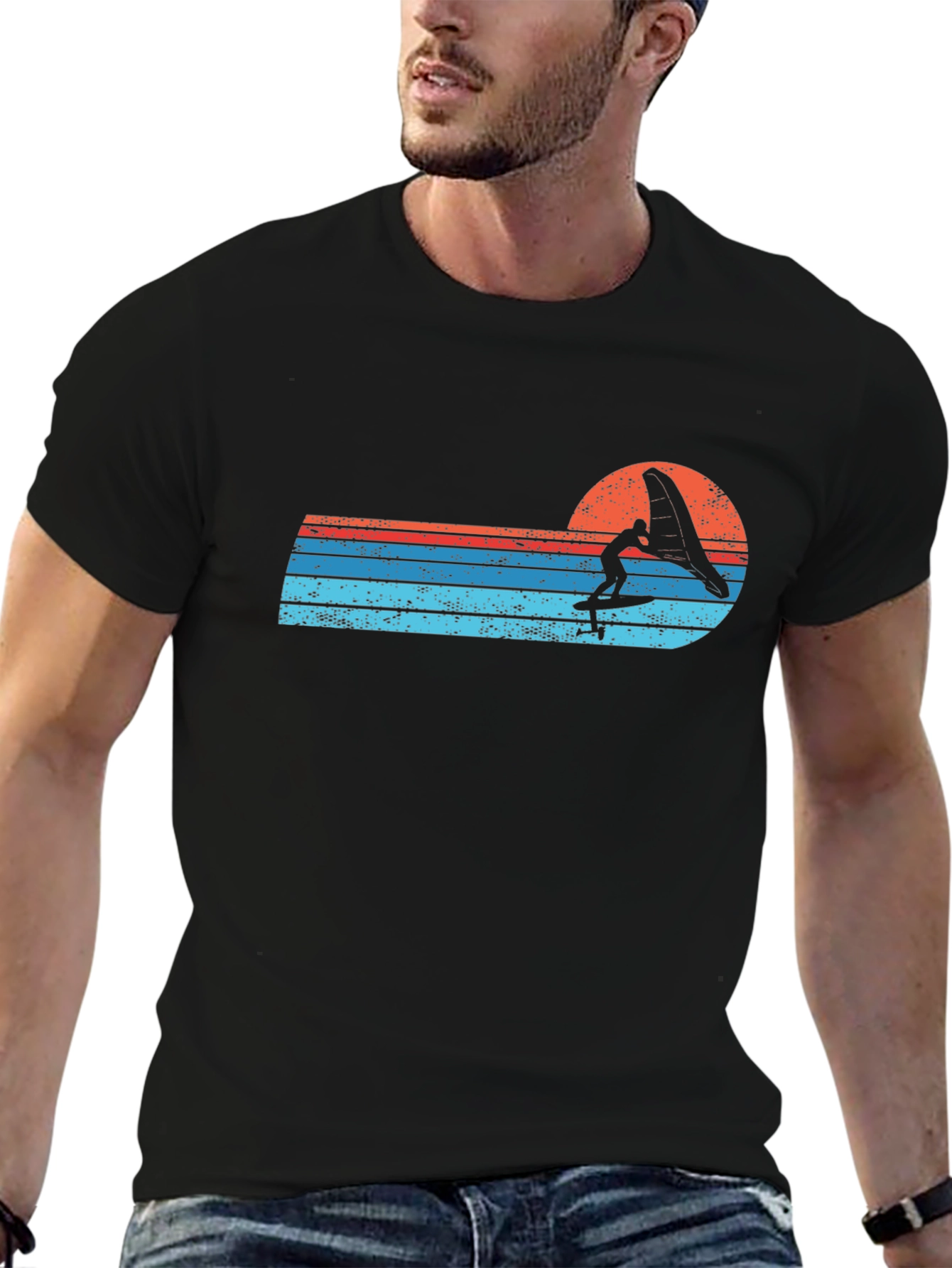 Retro Windsurfer Sunset Black T-Shirt