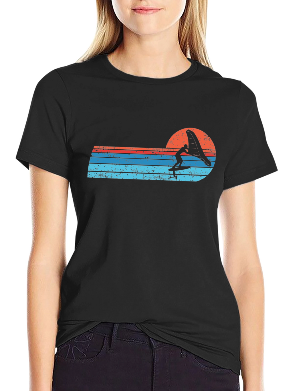 Retro Windsurfer Sunset Black T-Shirt