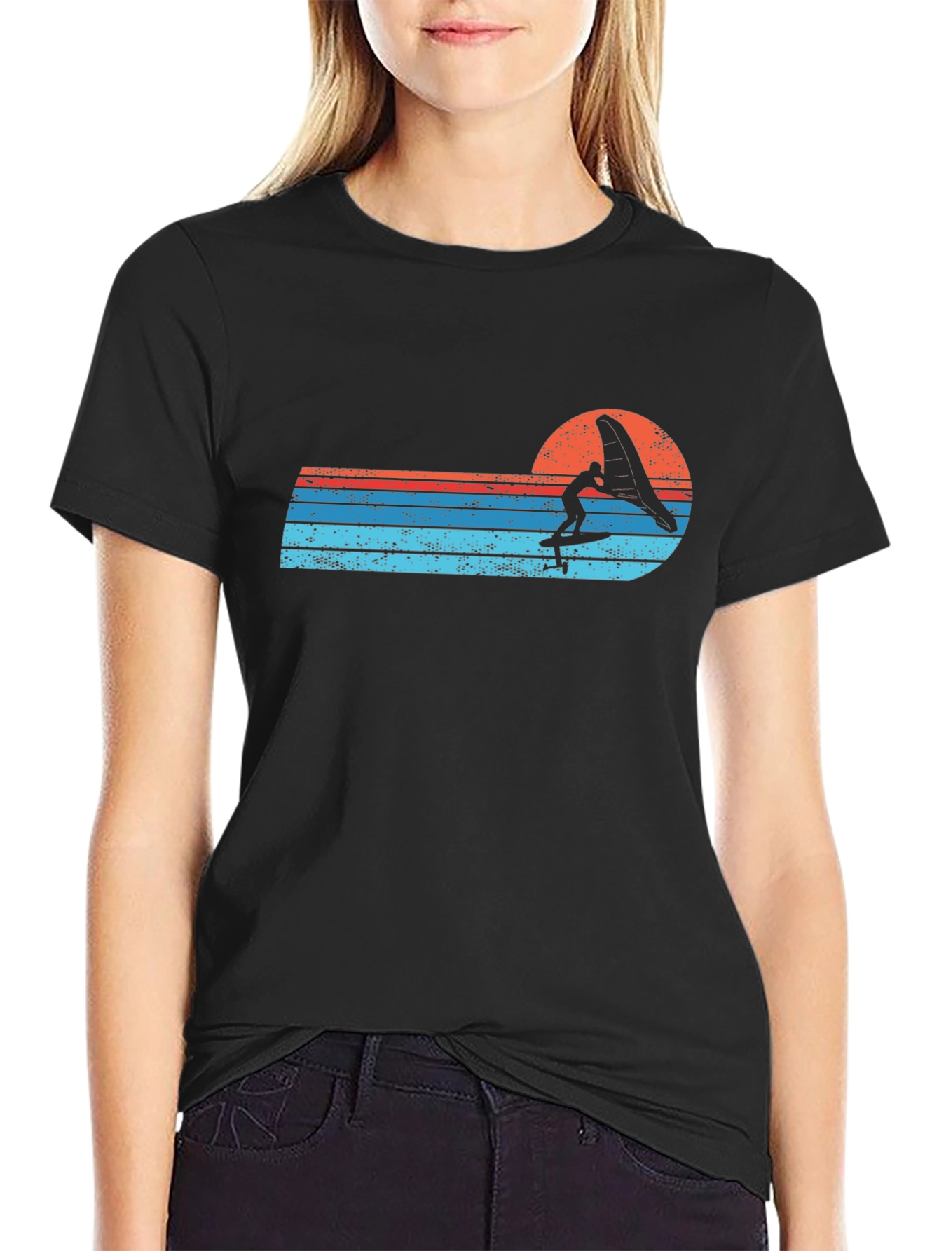Retro Windsurfer Sunset Black T-Shirt