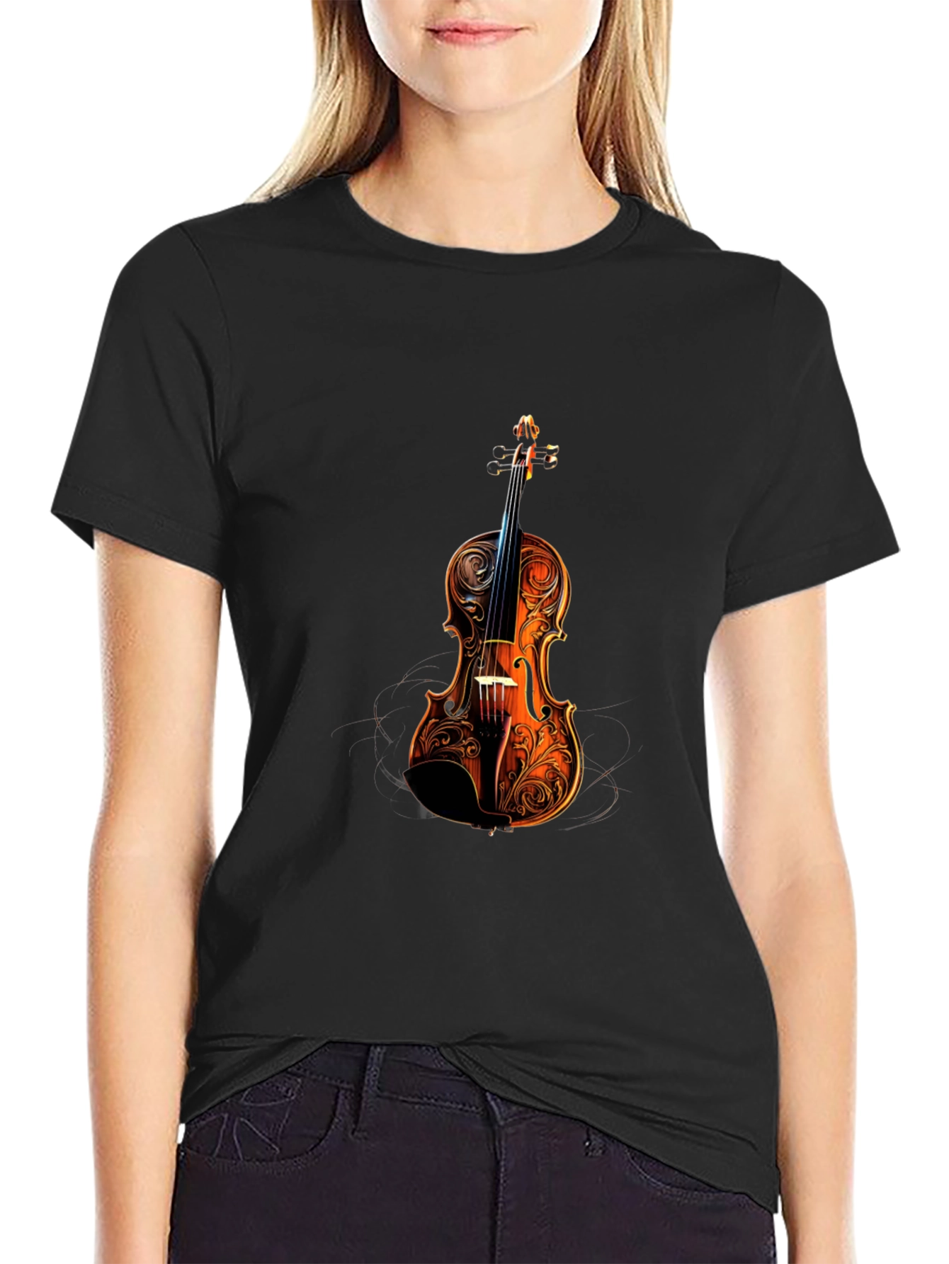 Ornate Violin Graphic Tee - Music Lovers Black T-Shirt