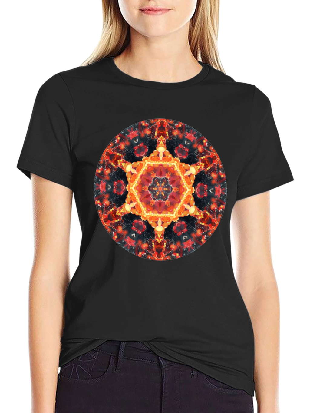 Fiery Mandala Graphic Black T-Shirt
