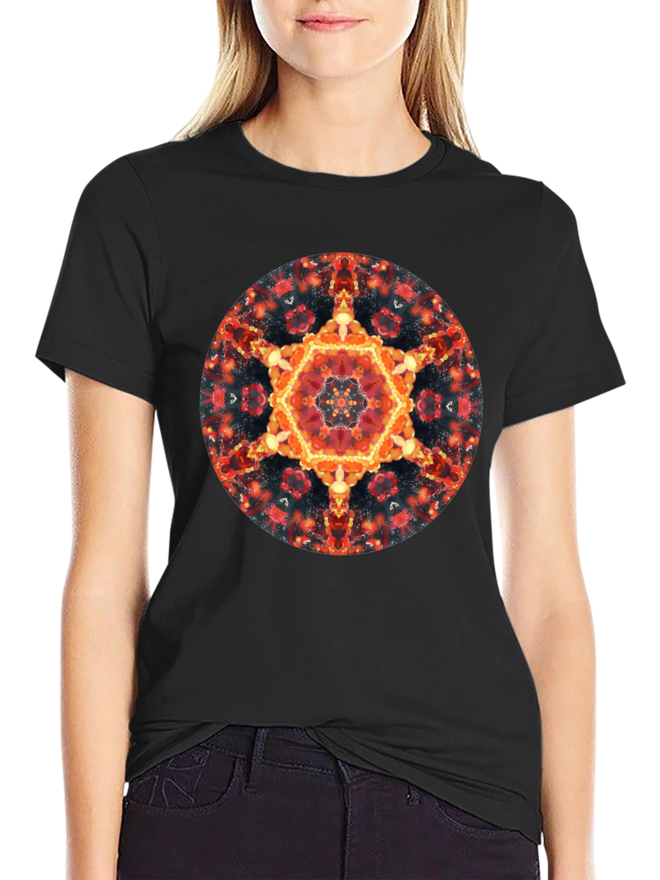 Fiery Mandala Graphic Black T-Shirt