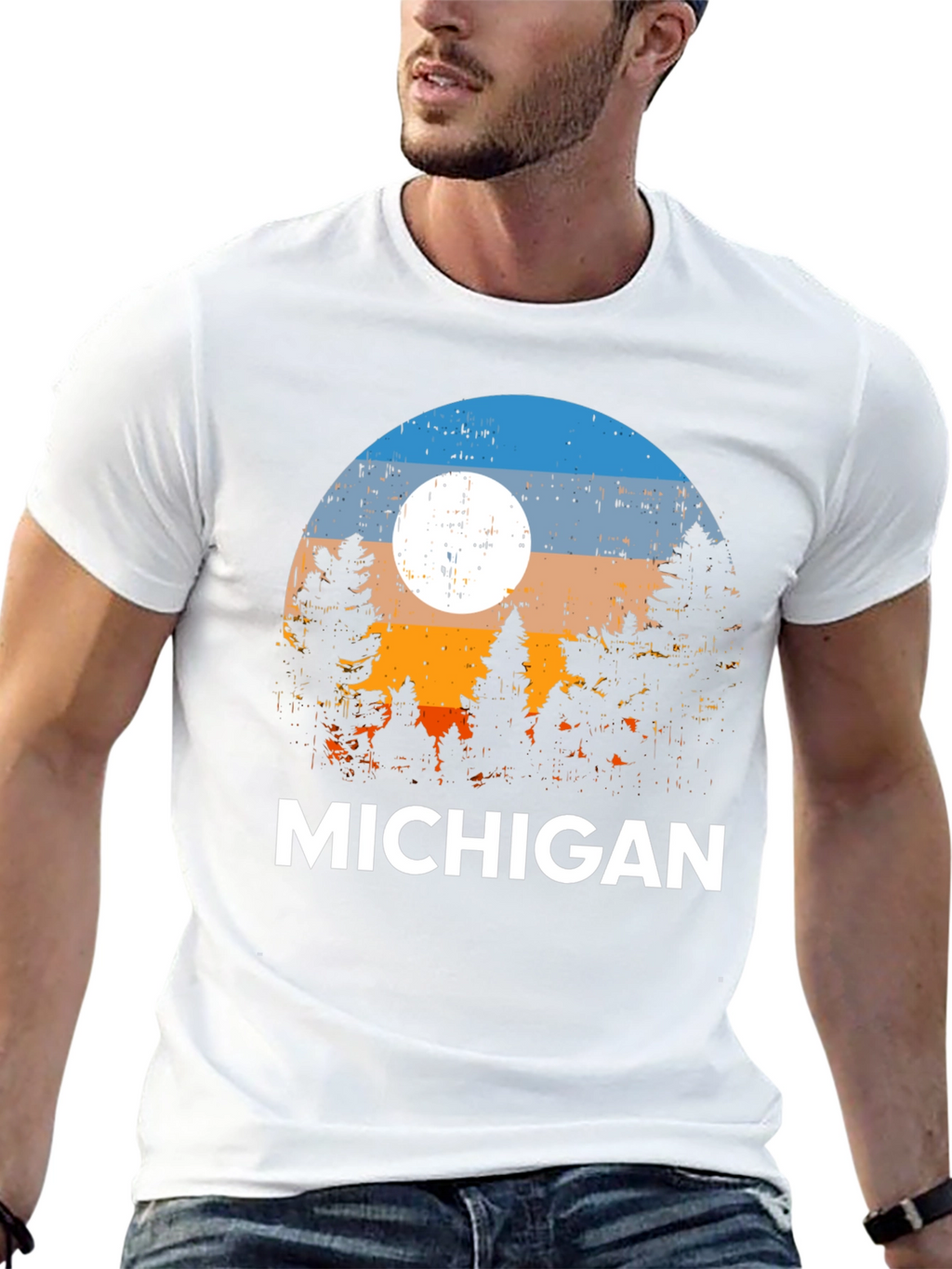 Michigan Forest T-Shirt - Retro Sunset Design