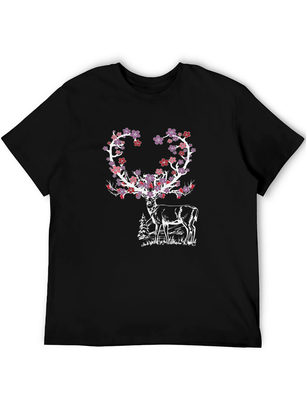 Floral Deer Graphic Tee - Black Cotton Blend