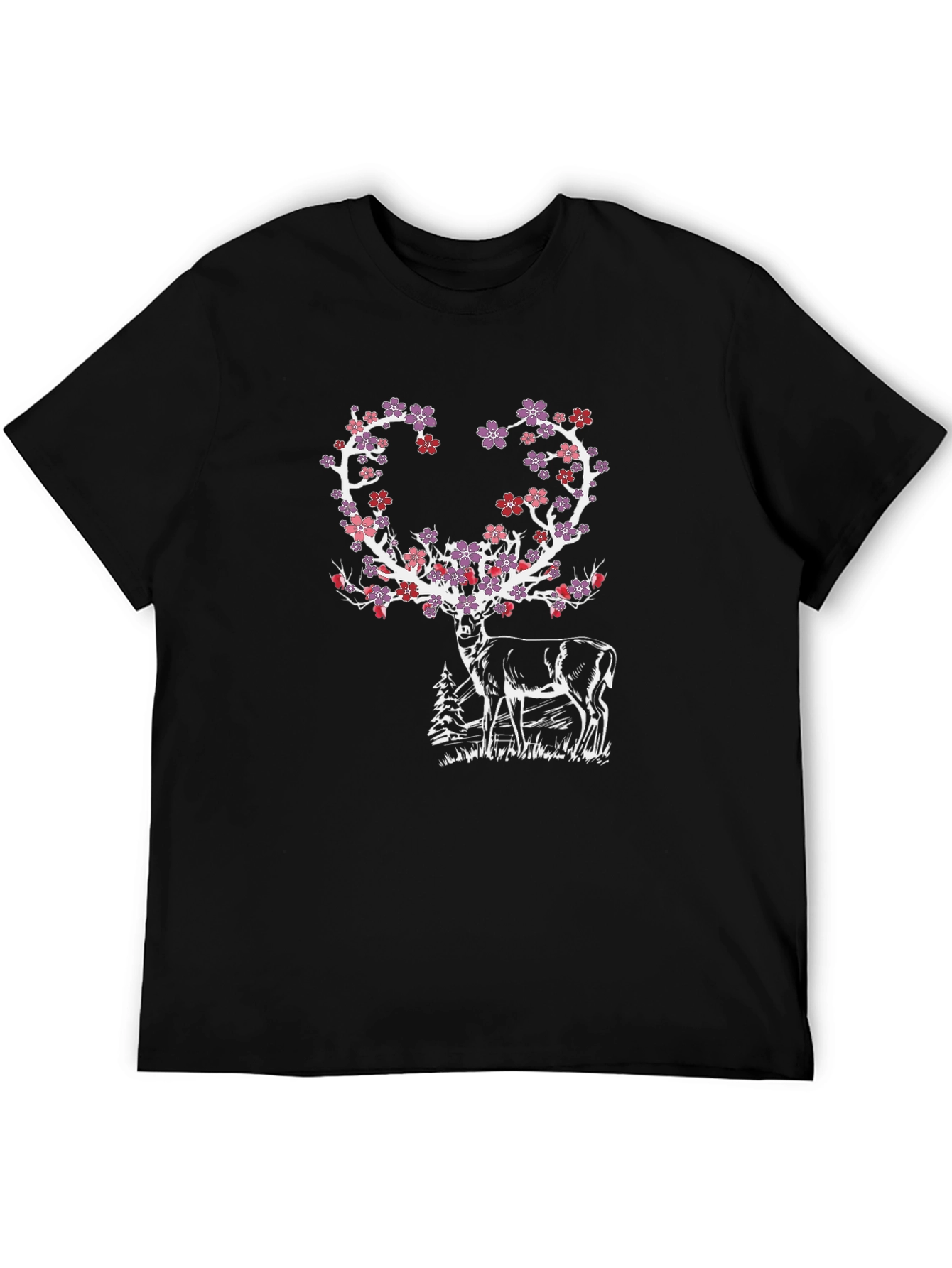 Floral Deer Graphic Tee - Black Cotton Blend